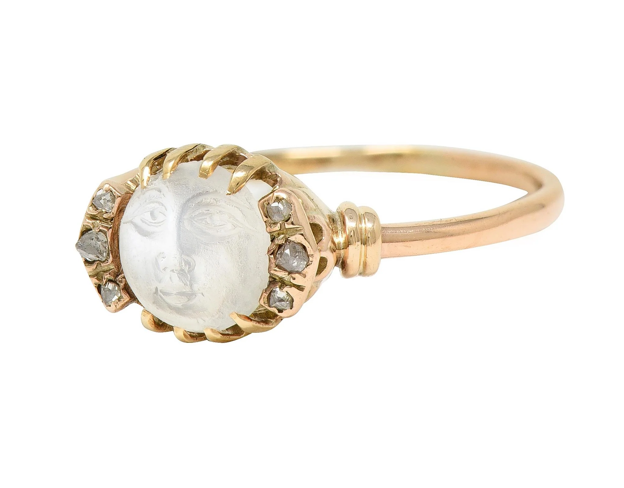 Victorian Moonstone Diamond 14 Karat Yellow Gold Man In The Moon Antique Ring - Image 6