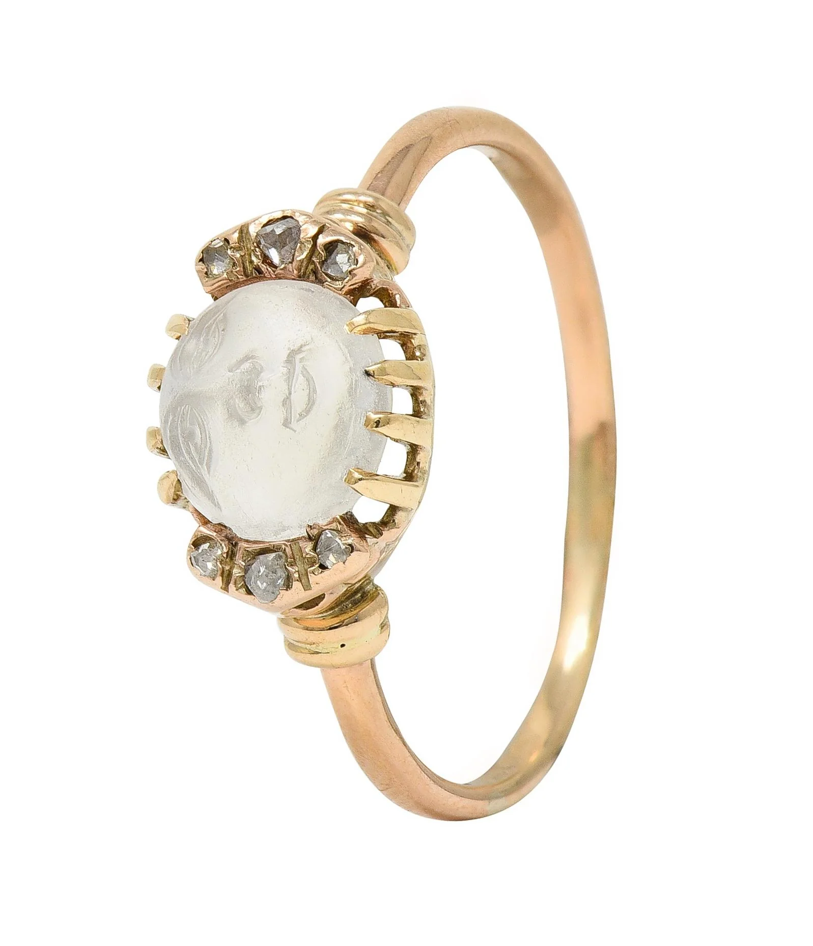Victorian Moonstone Diamond 14 Karat Yellow Gold Man In The Moon Antique Ring - Image 7