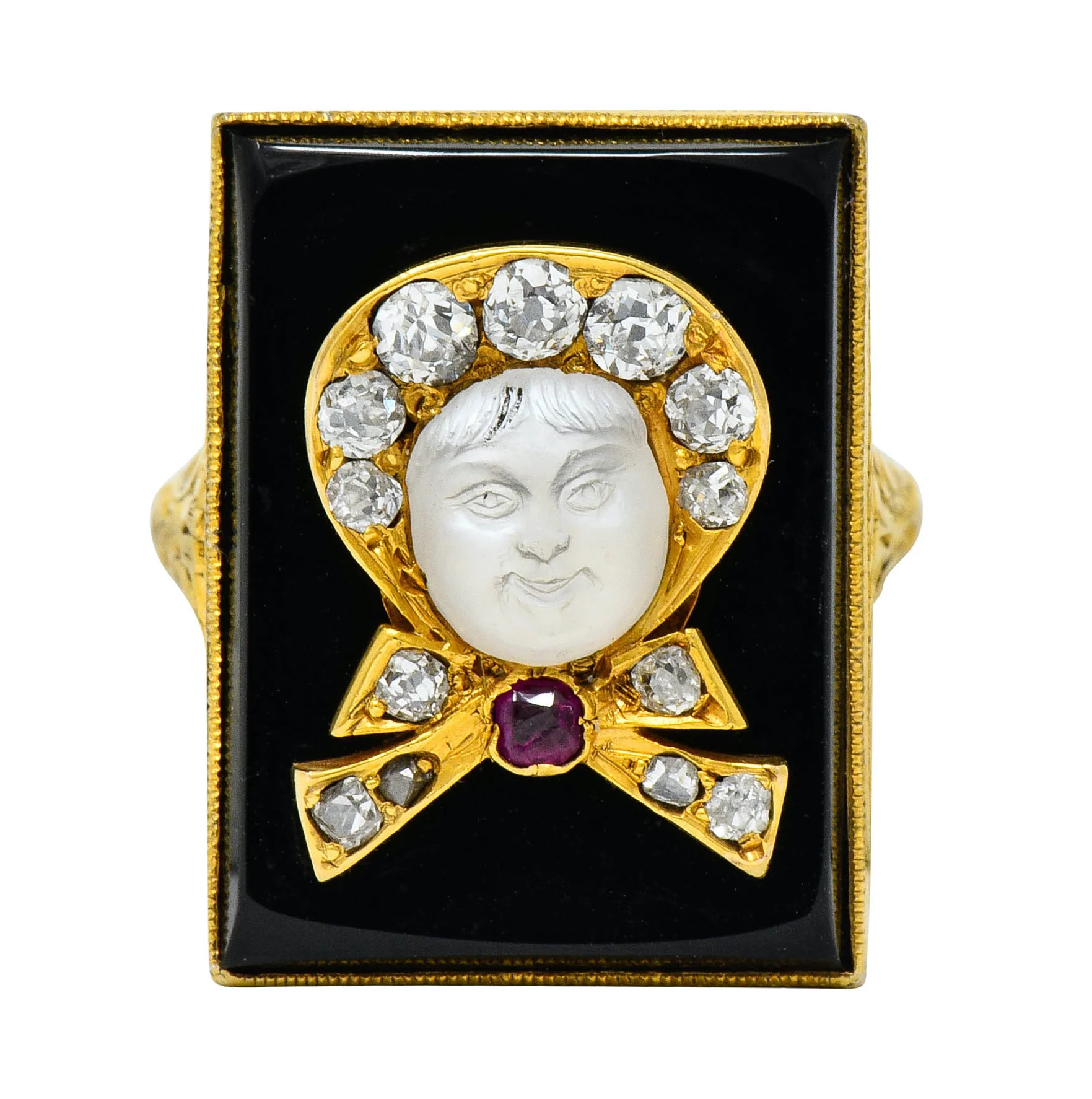 Victorian Moonstone Diamond Ruby Onyx Platinum Gold Carved Baby Face Ring