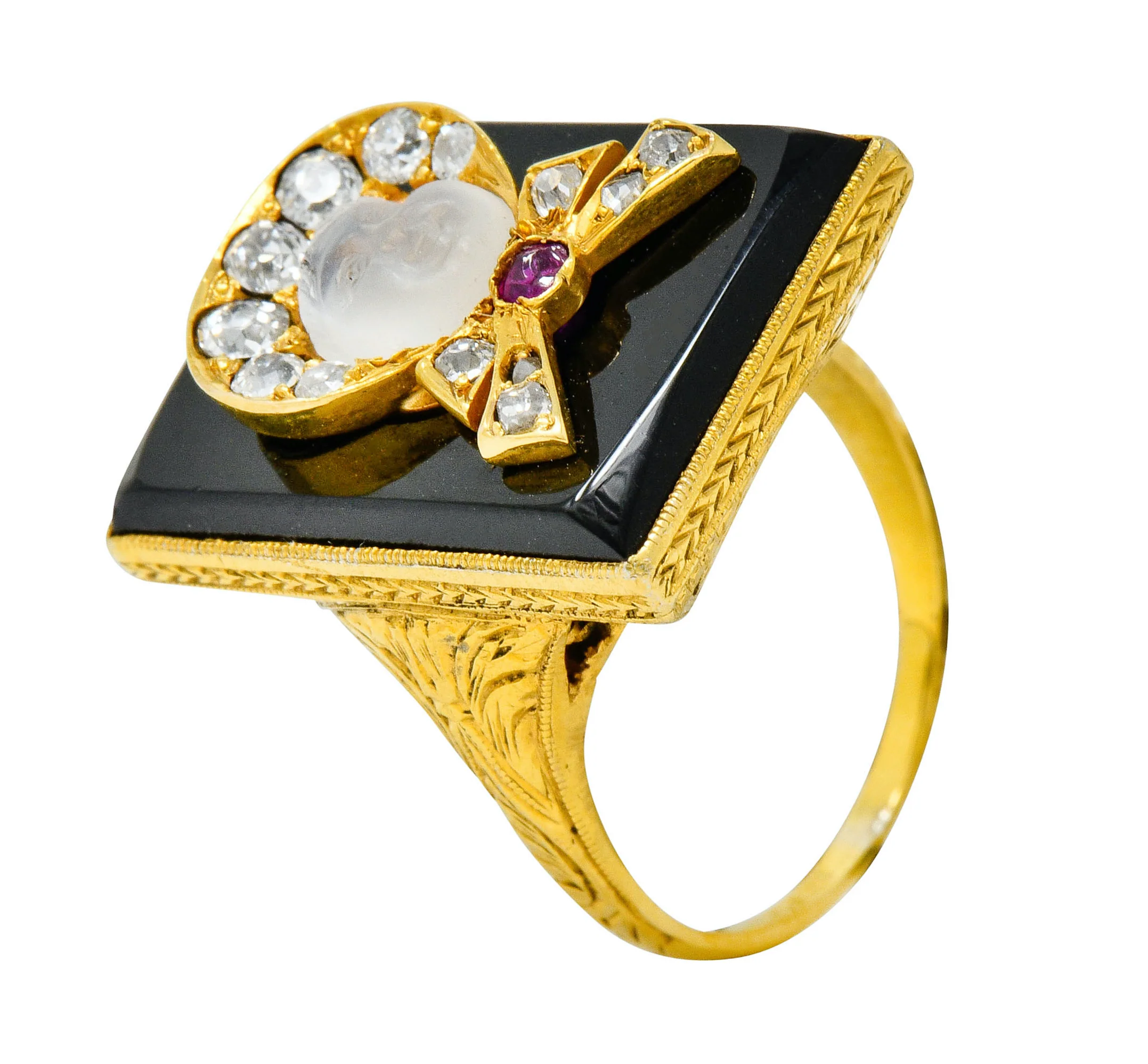 Victorian Moonstone Diamond Ruby Onyx Platinum Gold Carved Baby Face Ring - Image 10