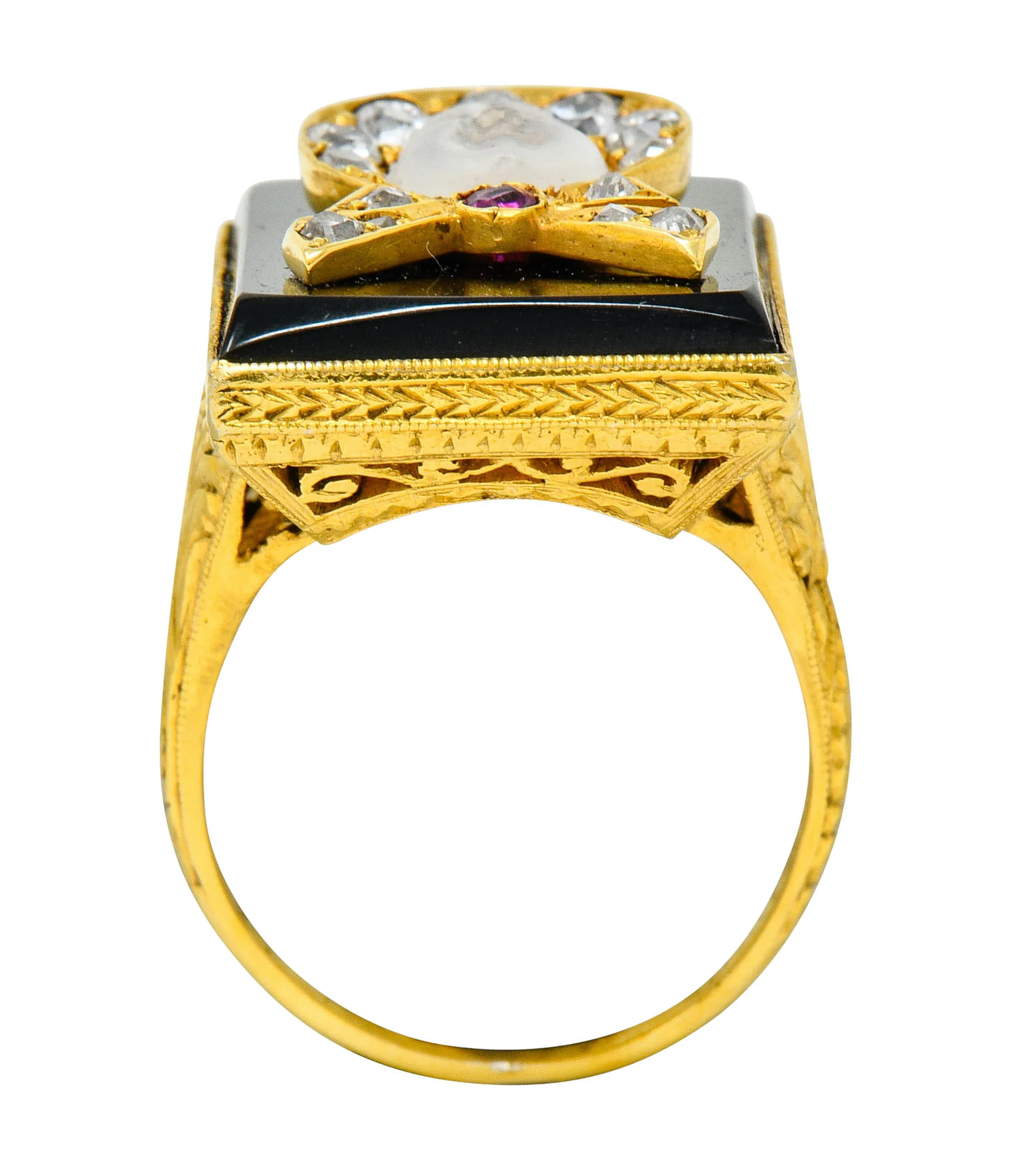 Victorian Moonstone Diamond Ruby Onyx Platinum Gold Carved Baby Face Ring - Image 8