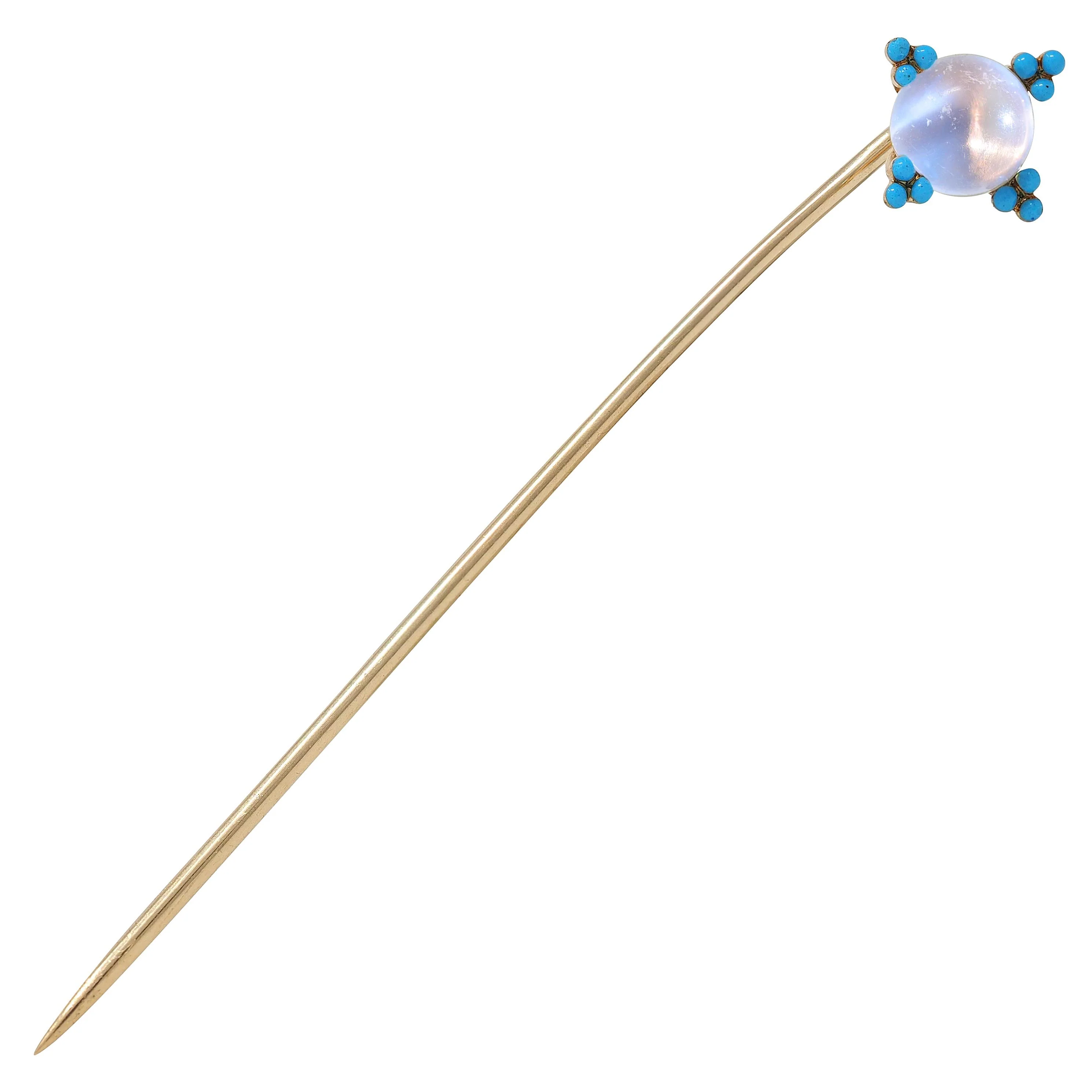 Victorian Moonstone Turquoise 14 Karat Gold Antique Stickpin - Image 2
