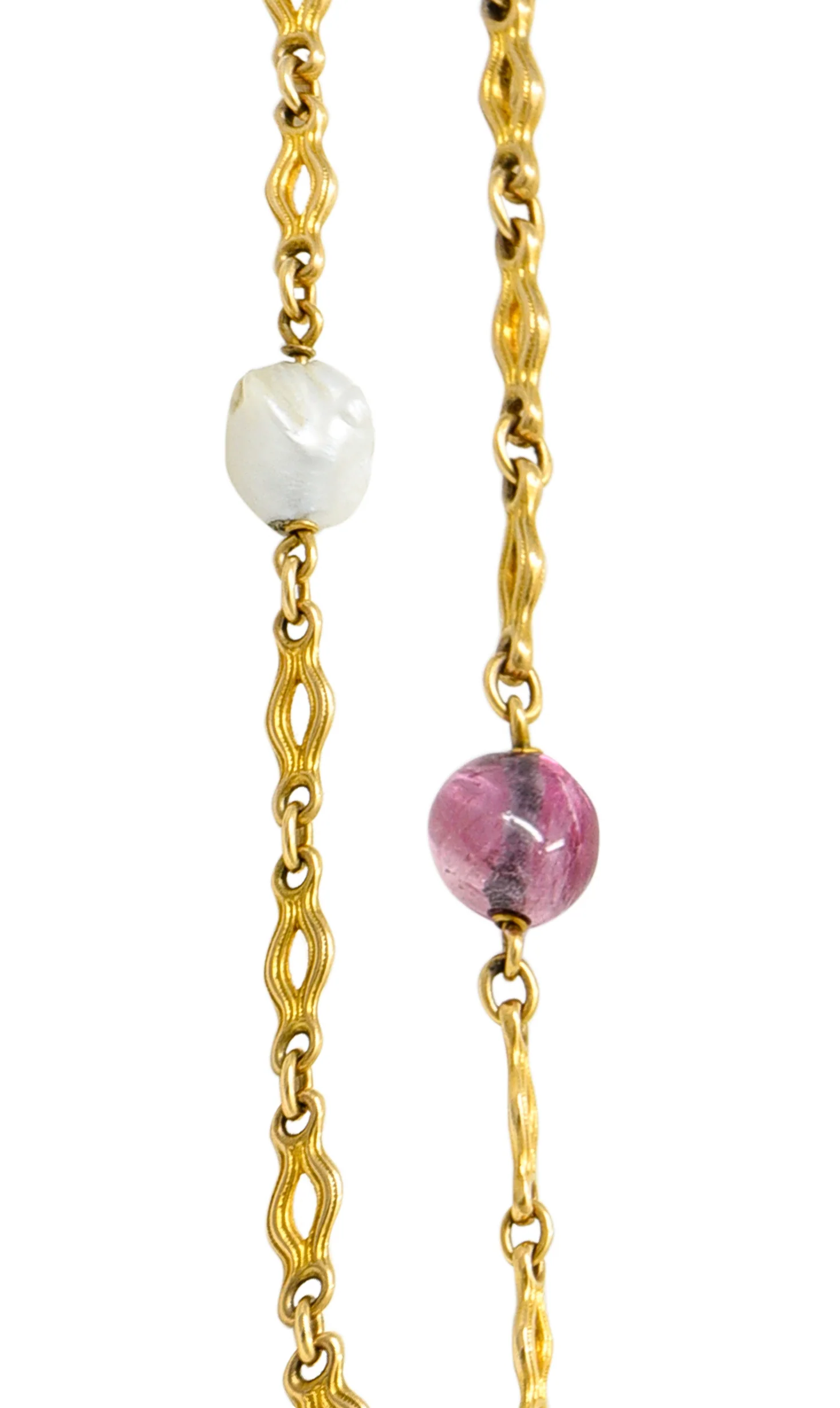Victorian Multi-Gem Baroque Pearl 14 Karat Gold 52 Inch Chain Necklace - Image 6