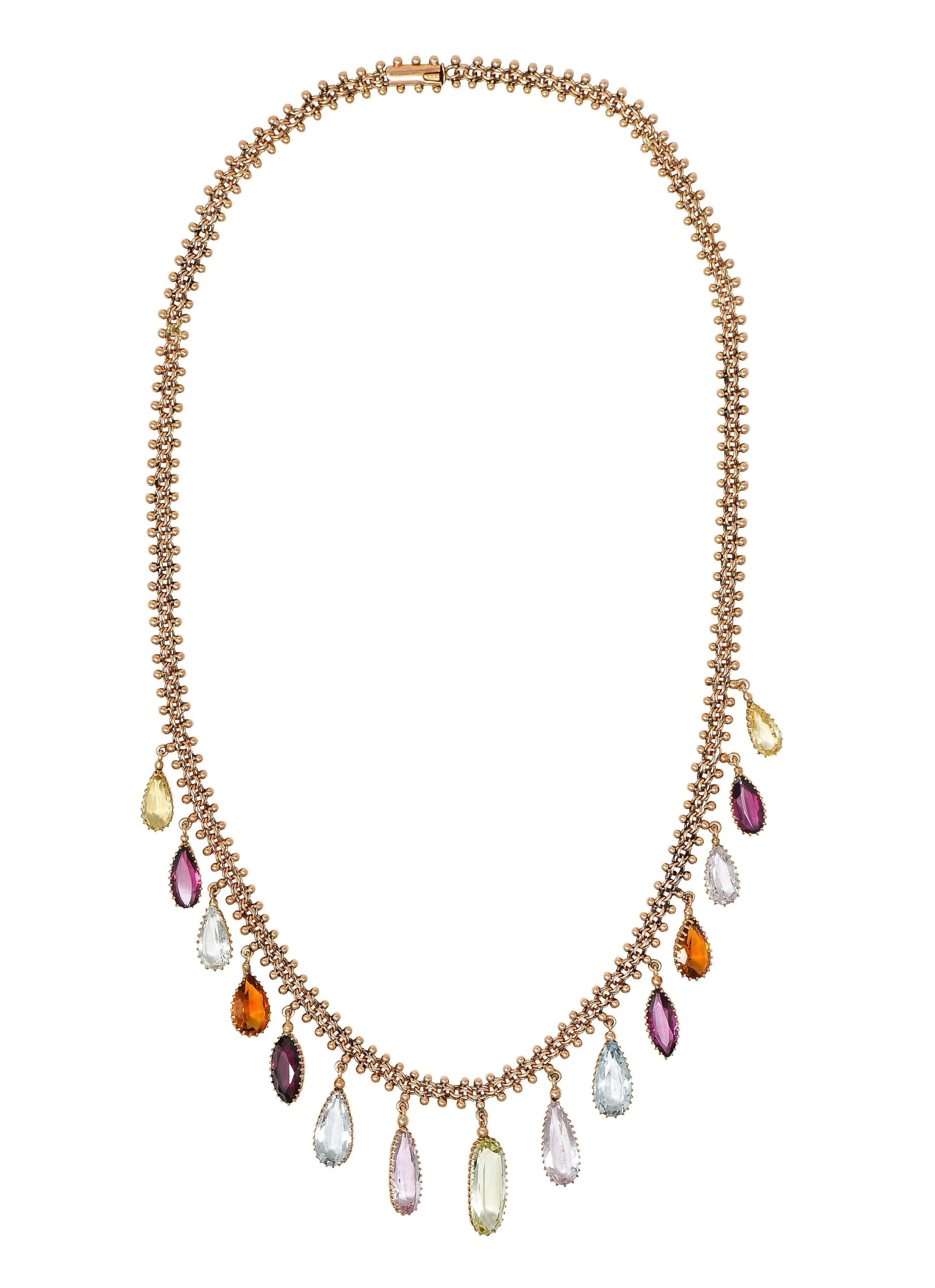 Victorian Multi-Gem Citrine Aquamarine Topaz 14 Karat Rose Gold Antique Fringe Necklace - Image 2