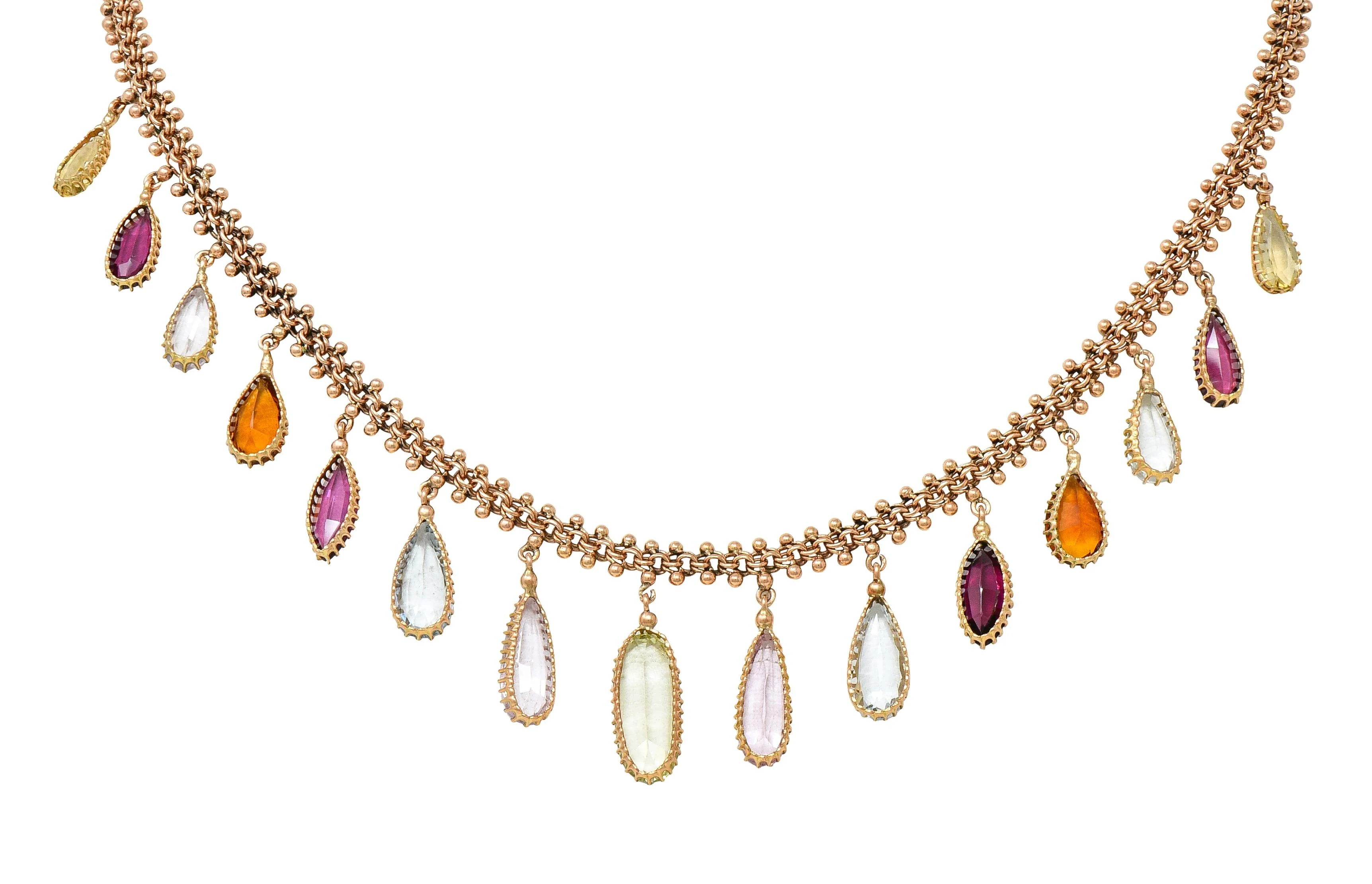 Victorian Multi-Gem Citrine Aquamarine Topaz 14 Karat Rose Gold Antique Fringe Necklace - Image 5
