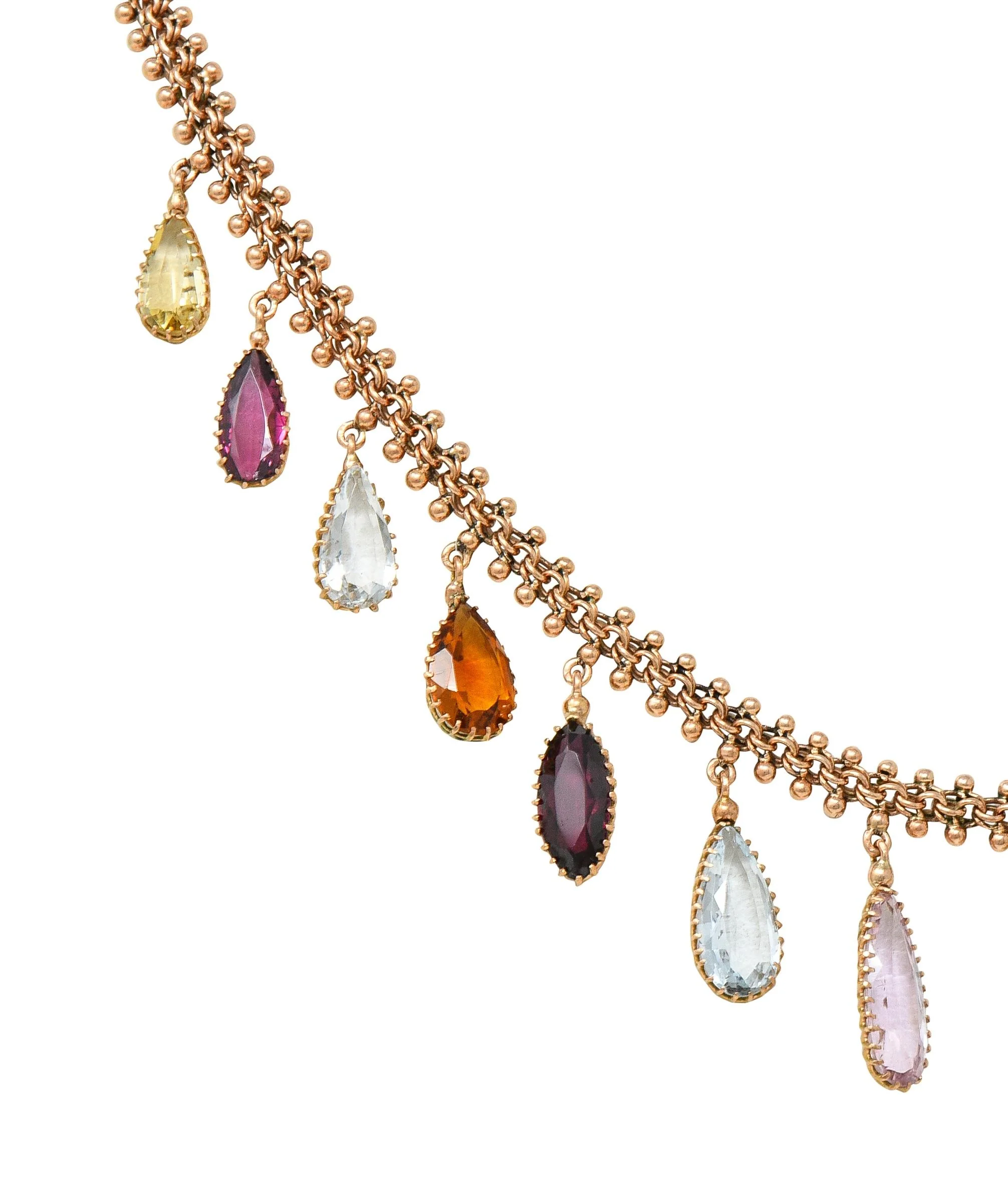 Victorian Multi-Gem Citrine Aquamarine Topaz 14 Karat Rose Gold Antique Fringe Necklace - Image 6