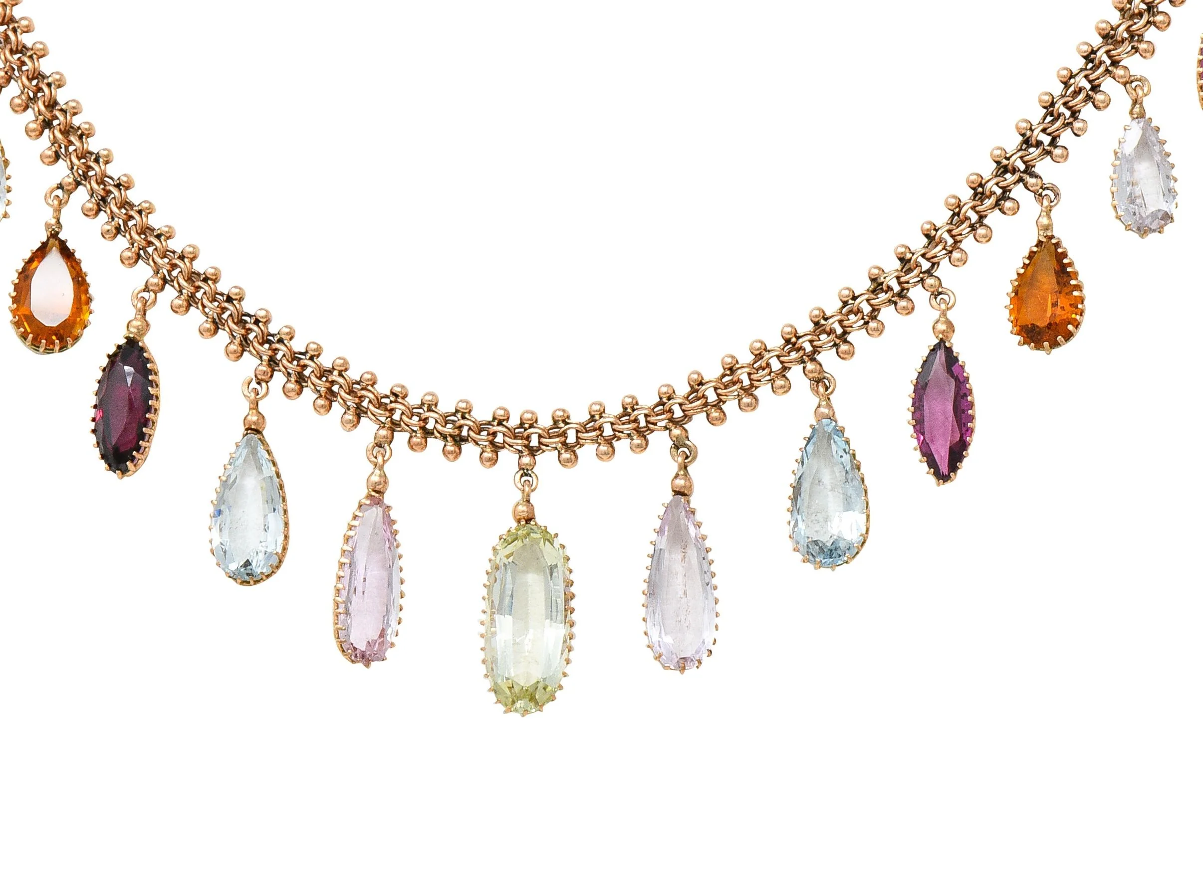 Victorian Multi-Gem Citrine Aquamarine Topaz 14 Karat Rose Gold Antique Fringe Necklace - Image 7