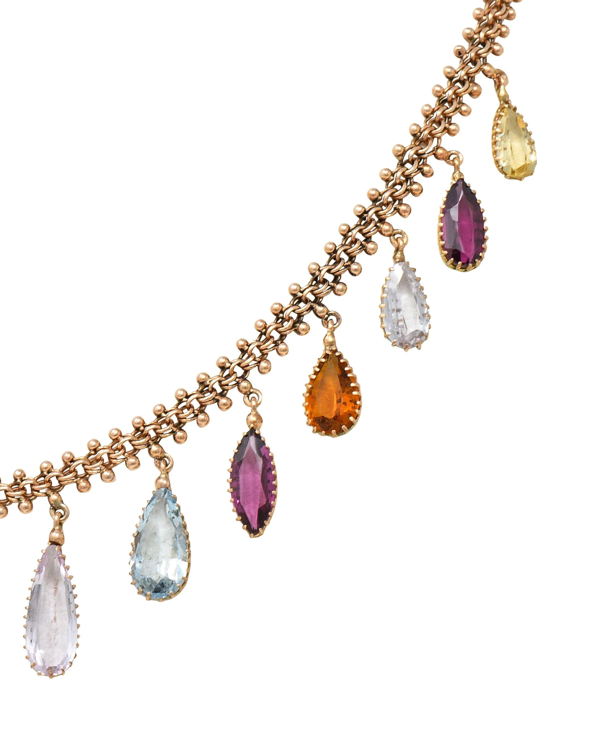 Victorian Multi-Gem Citrine Aquamarine Topaz 14 Karat Rose Gold Antique Fringe Necklace - Image 8