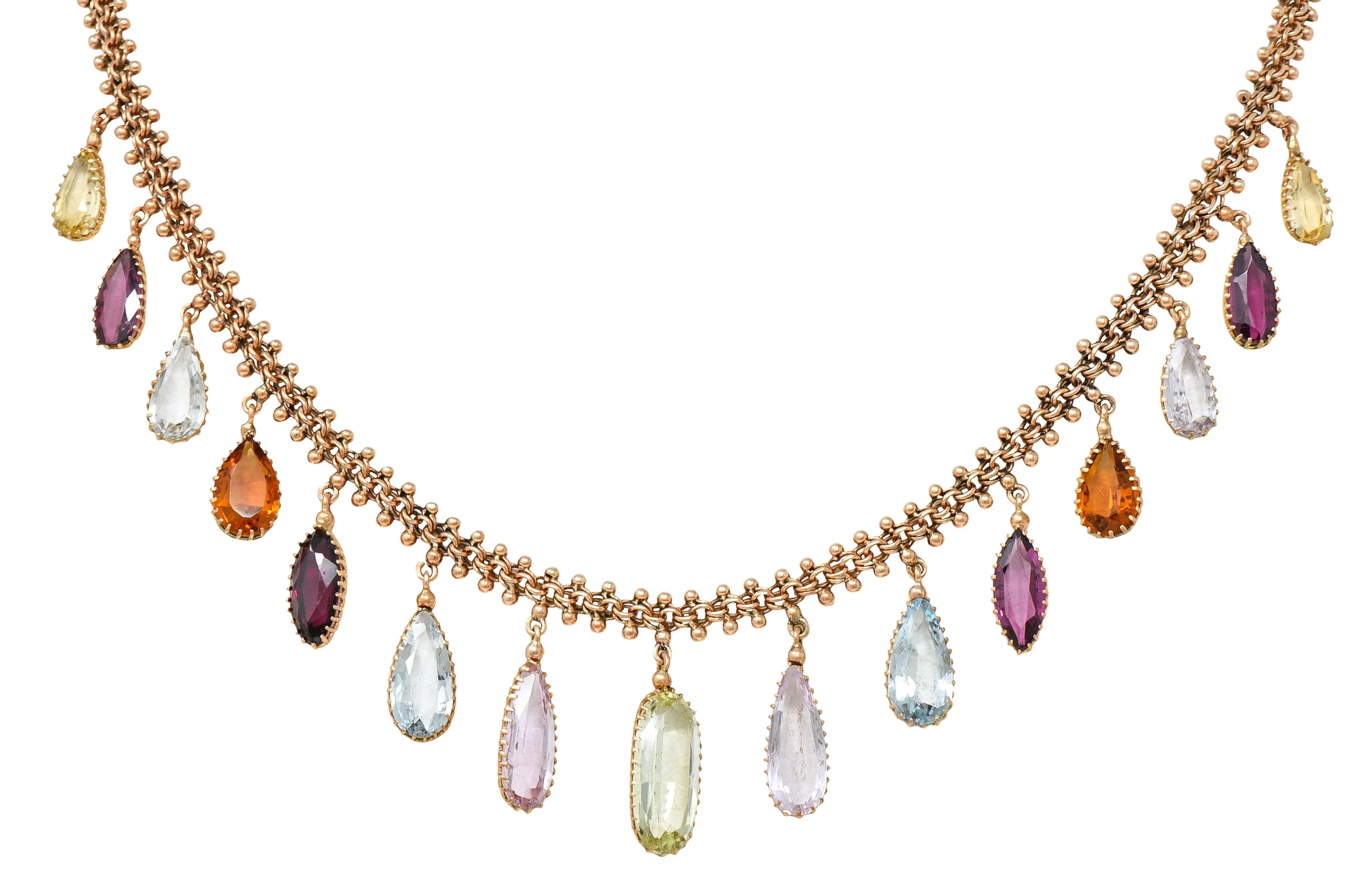 Victorian Multi-Gem Citrine Aquamarine Topaz 14 Karat Rose Gold Antique Fringe Necklace - Image 9