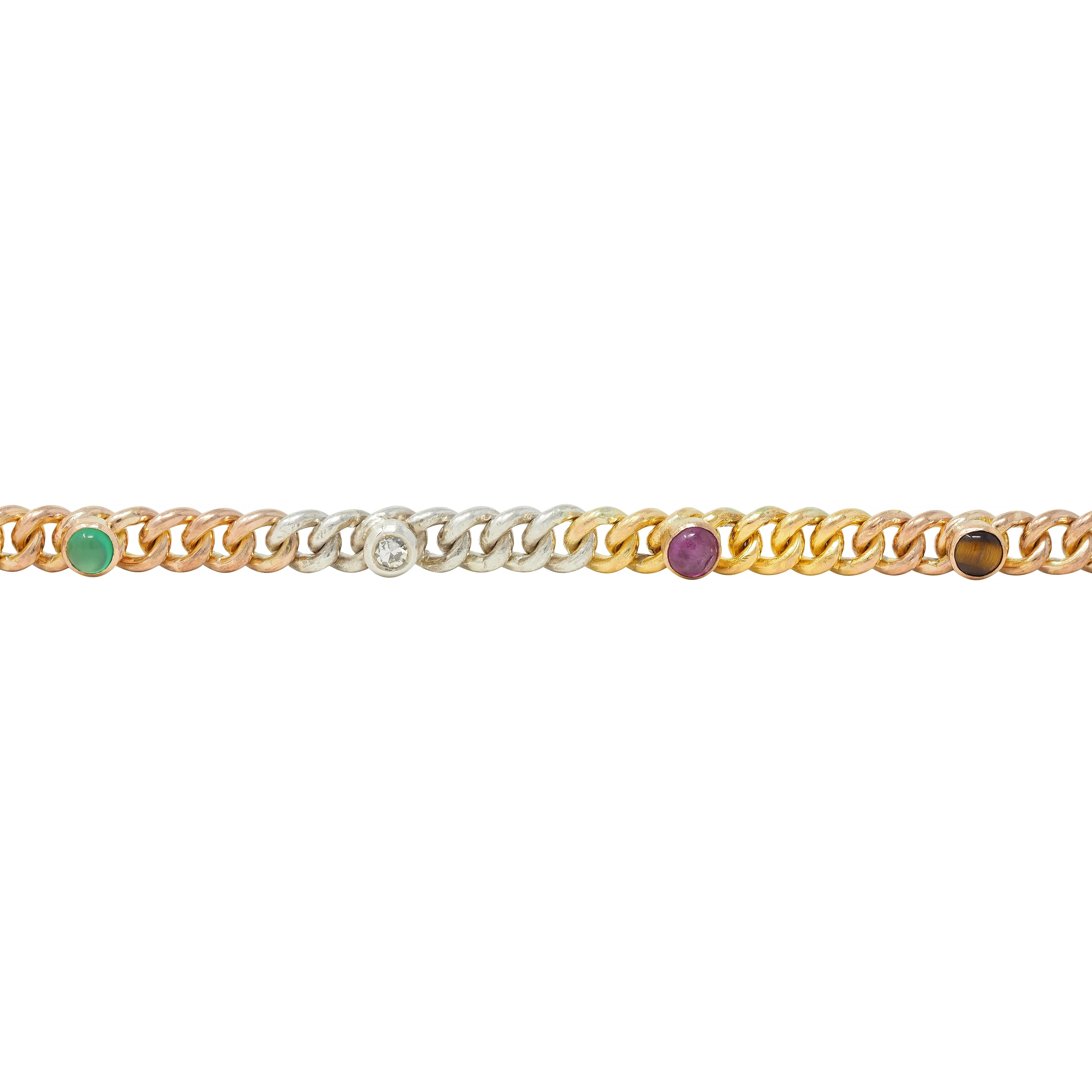 Victorian Multi-Gem Silver 14 Karat Two-Tone Gold Navantra Antique Curb Link Bracelet - Image 4