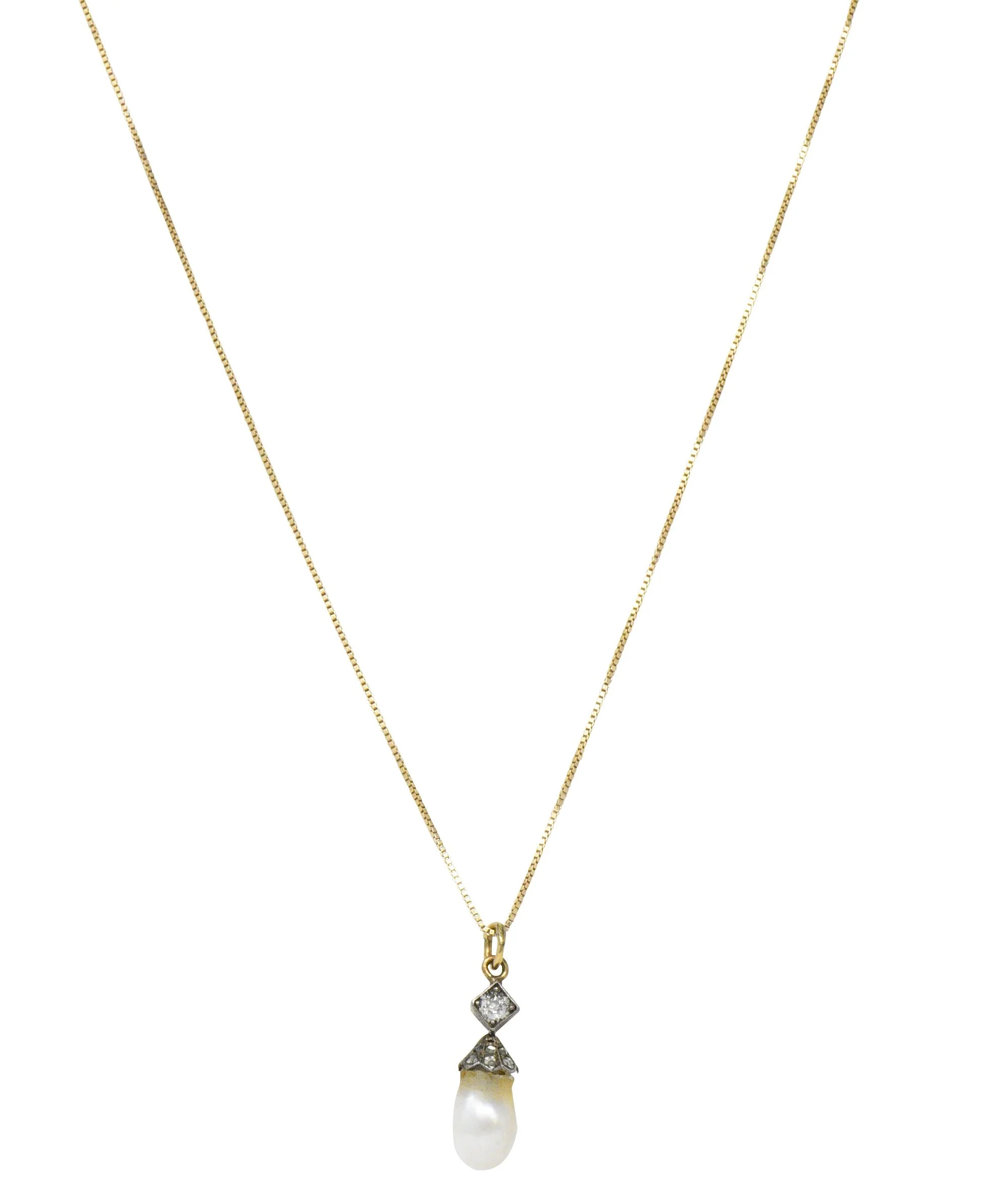 Victorian Natural Baroque Pearl Diamond Silver-Topped 14 Karat Gold Pendant Necklace