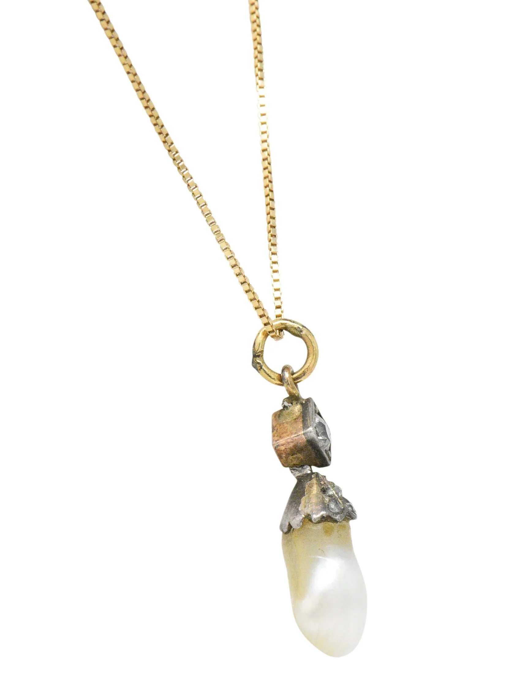 Victorian Natural Baroque Pearl Diamond Silver-Topped 14 Karat Gold Pendant Necklace - Image 4