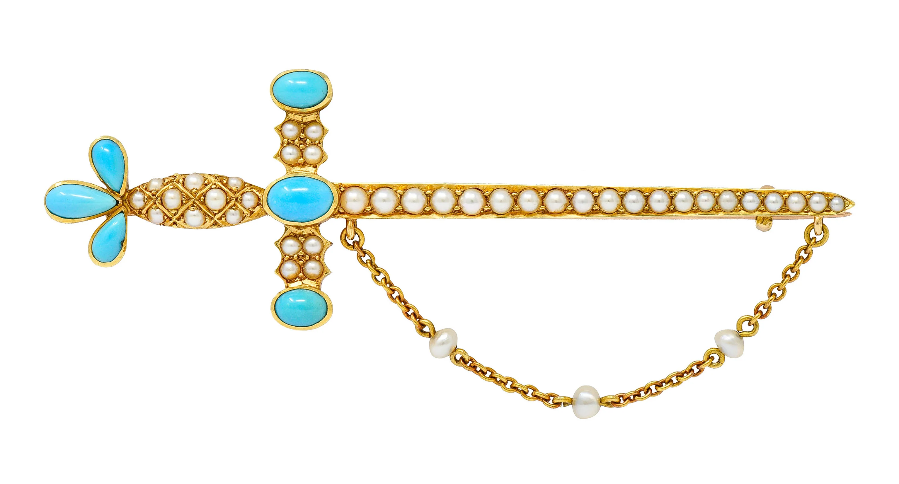 Victorian Natural Freshwater Pearl Turquoise 18 Karat Gold Sword Brooch Circa 1890
