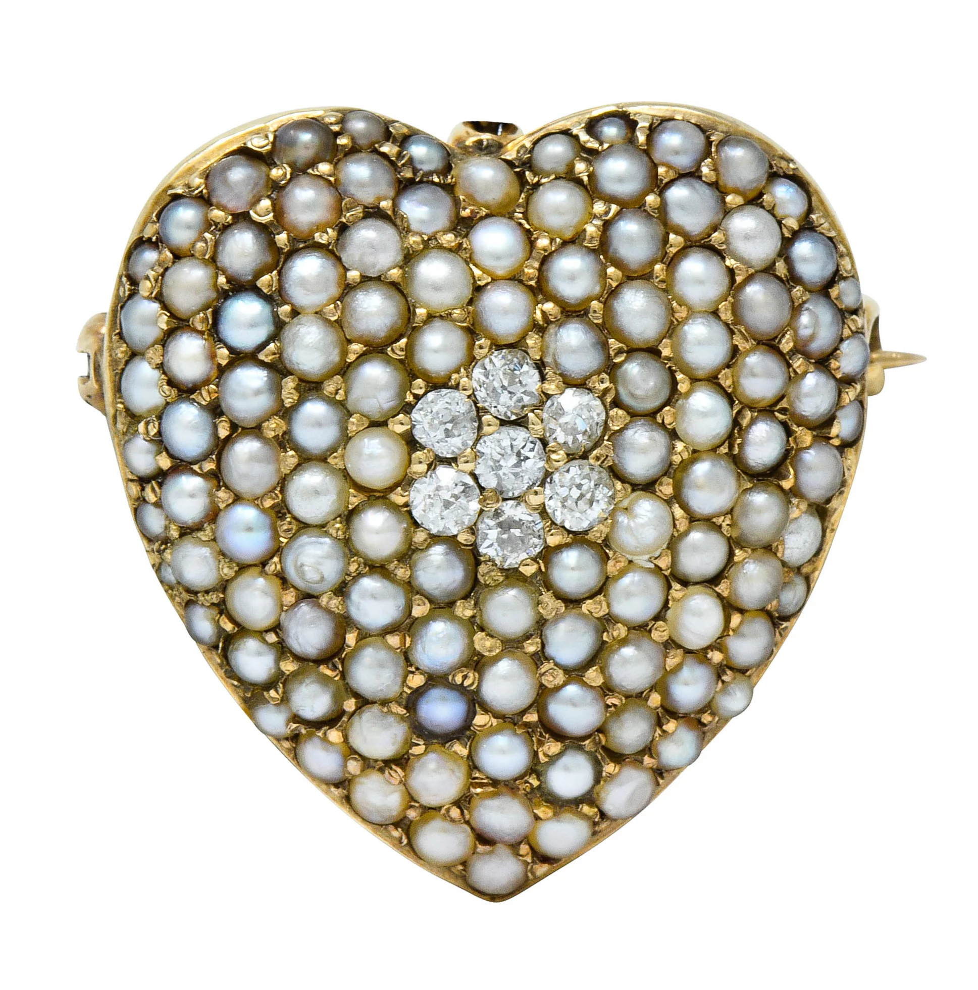 Victorian Natural Freshwater Seed Pearl Diamond 14 Karat Gold Heart Pendant Brooch - Image 2