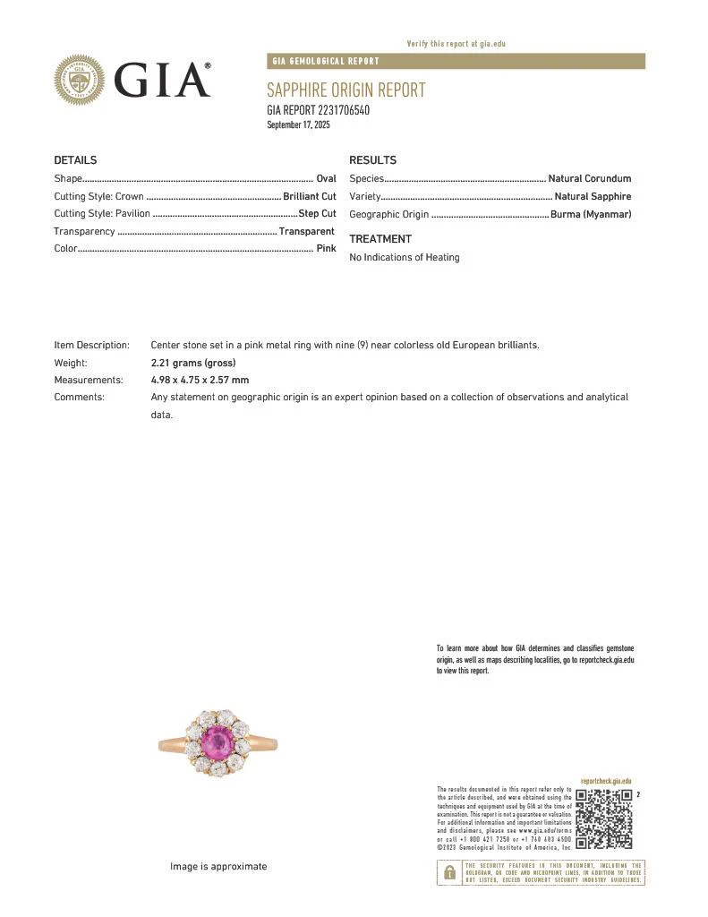 Victorian No Heat Burma Pink Sapphire Diamond 14 Karat Yellow Gold Antique Halo Ring GIA - Image 13