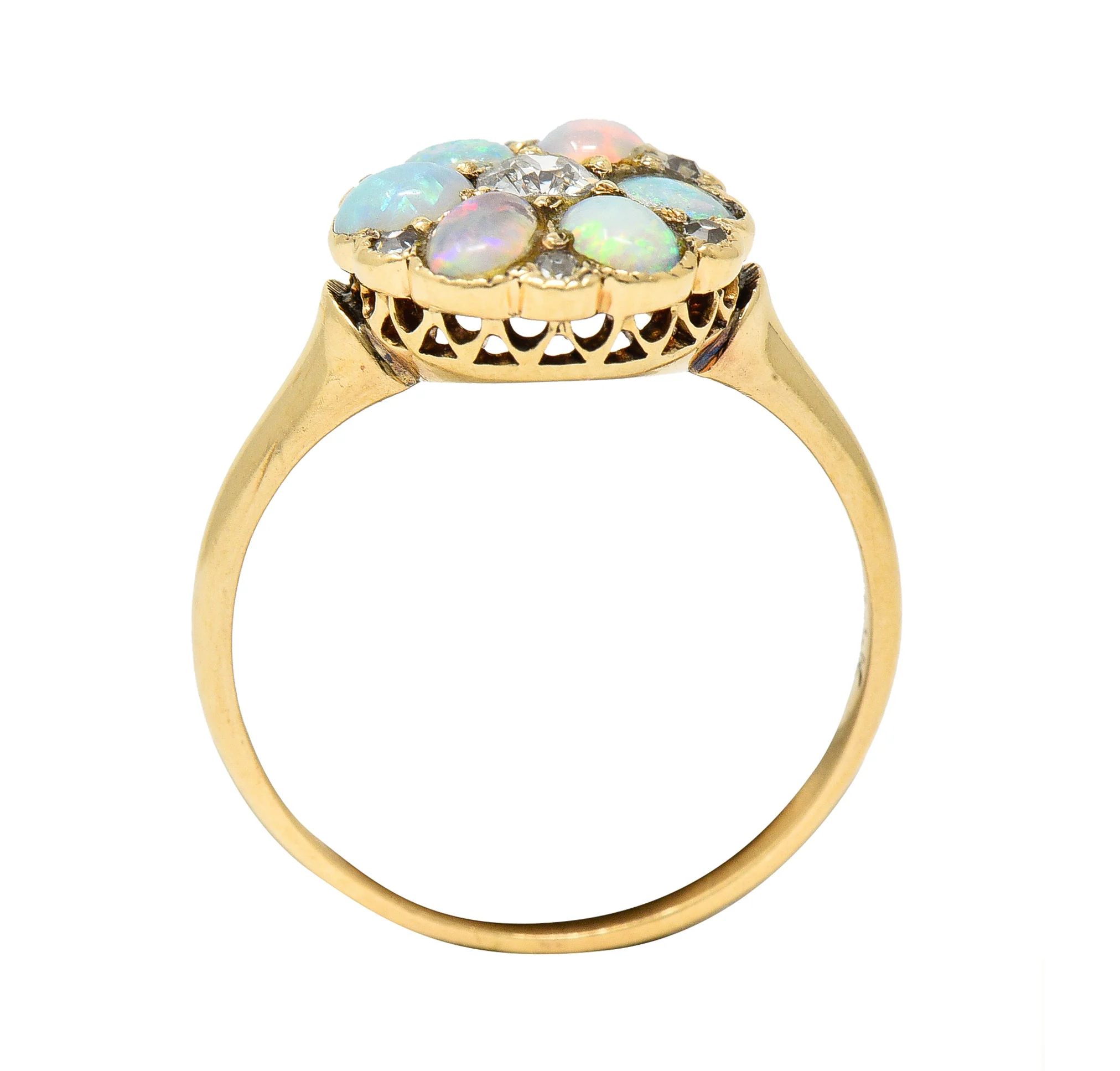 Victorian Old European Cut Diamond Opal Cabochon 14 Karat Yellow Gold Floral Antique Cluster Ring - Image 10
