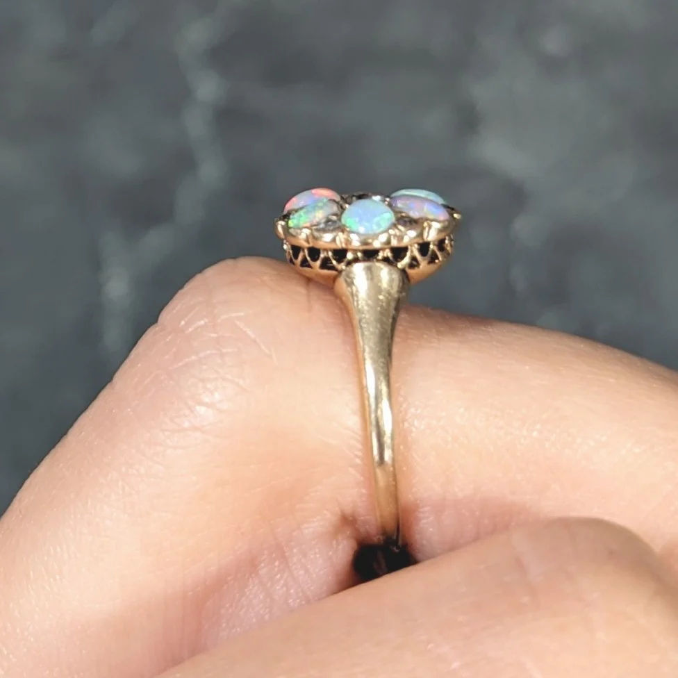 Victorian Old European Cut Diamond Opal Cabochon 14 Karat Yellow Gold Floral Antique Cluster Ring - Image 15