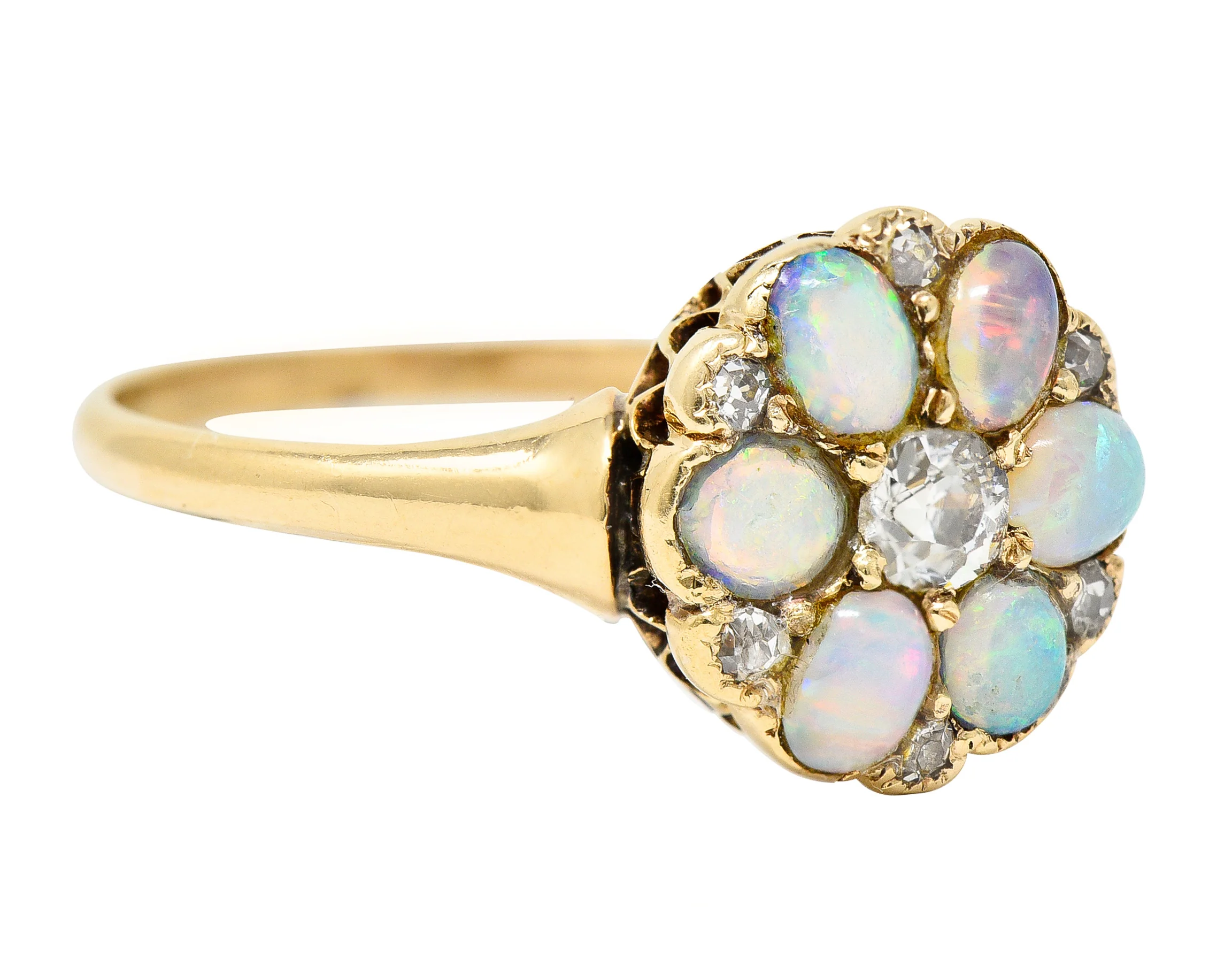 Victorian Old European Cut Diamond Opal Cabochon 14 Karat Yellow Gold Floral Antique Cluster Ring - Image 2