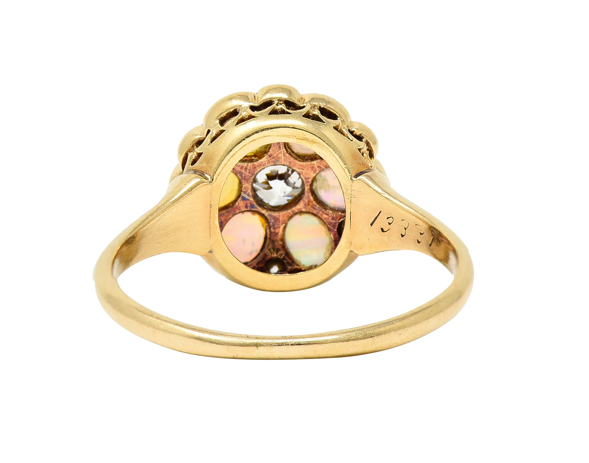Victorian Old European Cut Diamond Opal Cabochon 14 Karat Yellow Gold Floral Antique Cluster Ring - Image 4