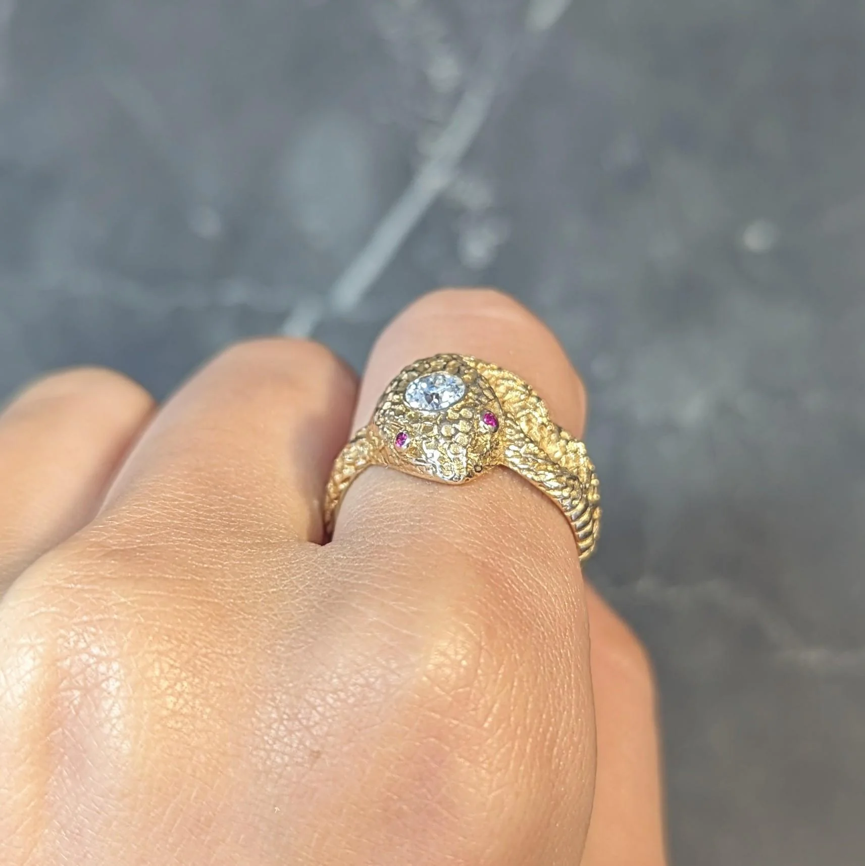 Victorian Old European Cut Diamond Ruby 10 Karat Yellow Gold Antique Unisex Snake Ring - Image 15