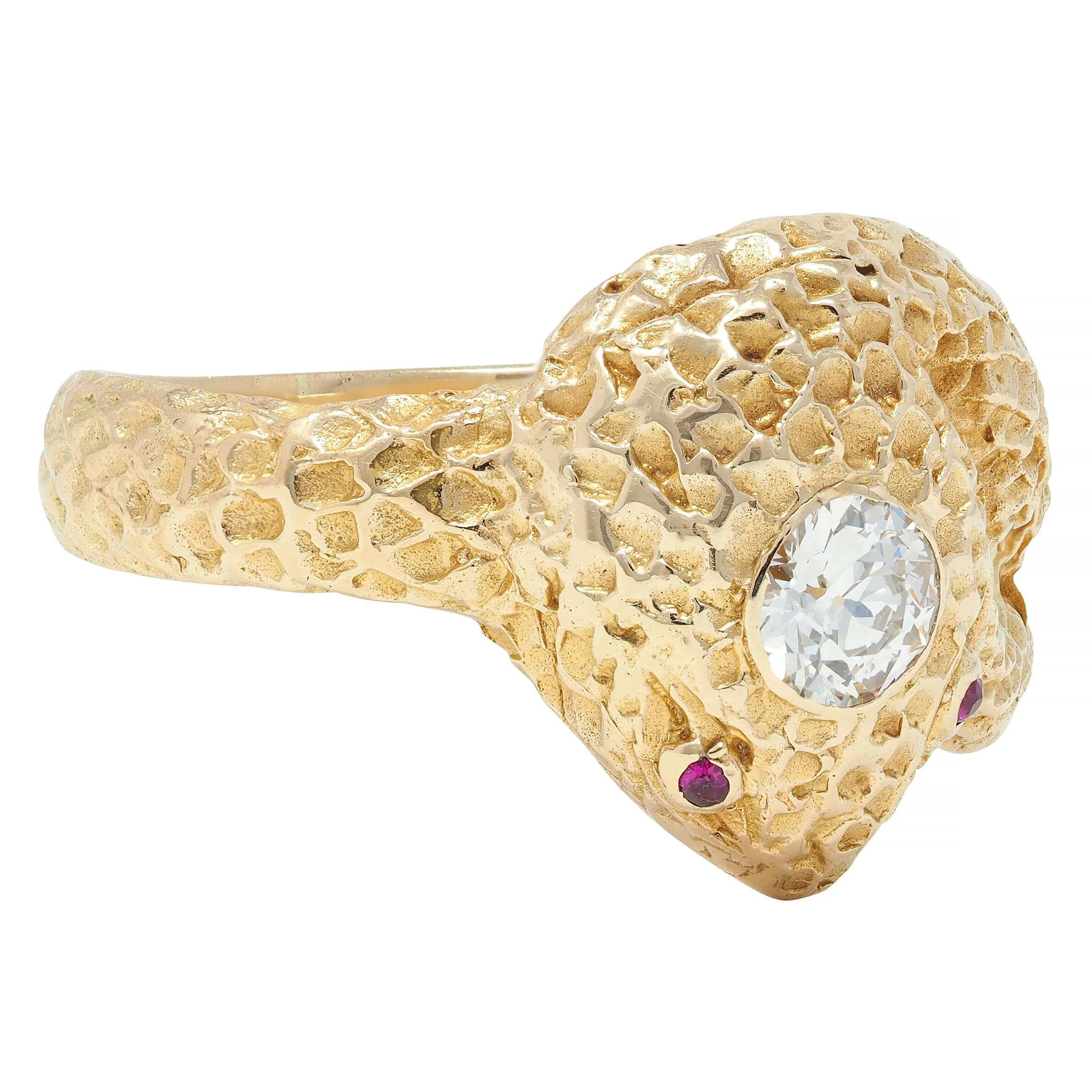 Victorian Old European Cut Diamond Ruby 10 Karat Yellow Gold Antique Unisex Snake Ring - Image 2