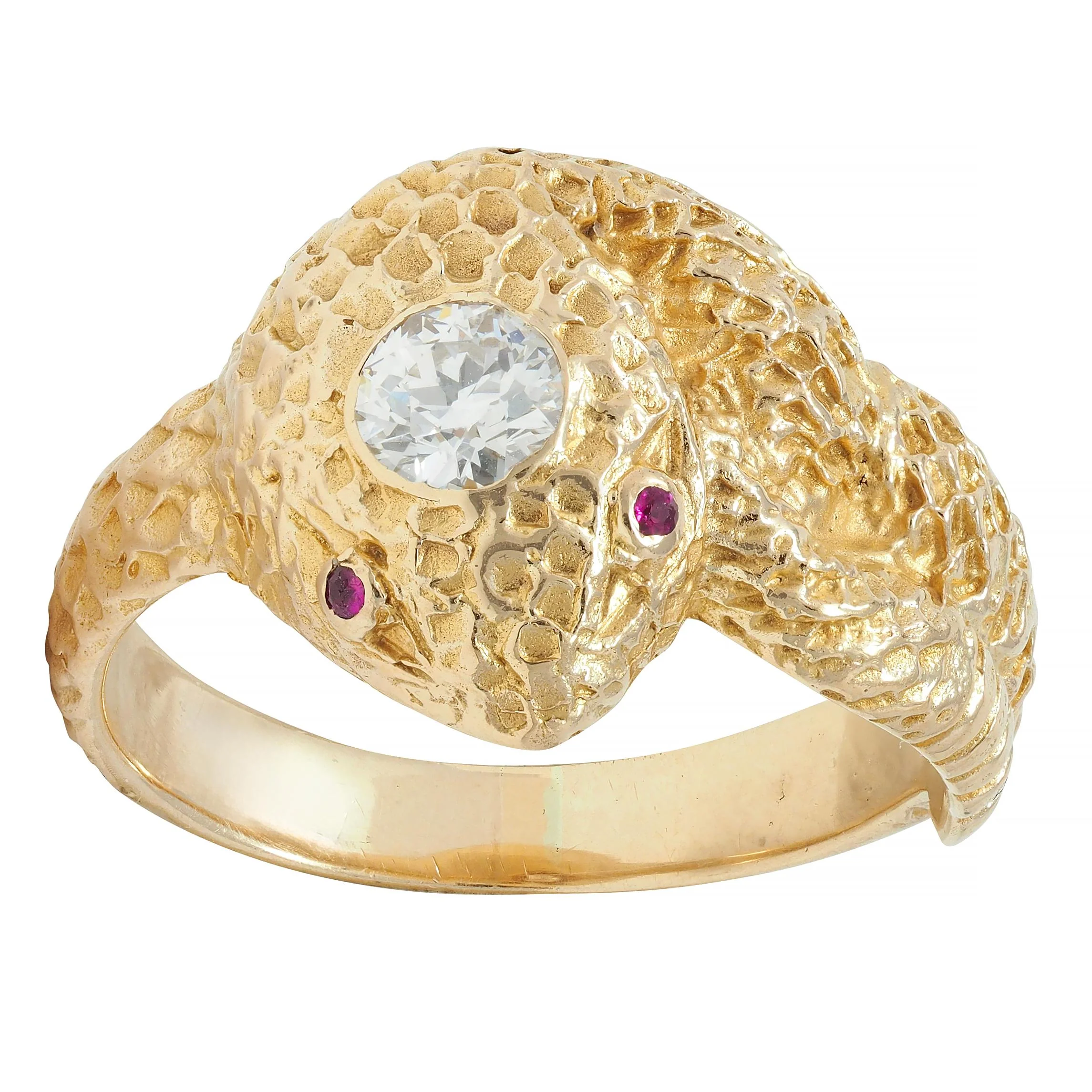 Victorian Old European Cut Diamond Ruby 10 Karat Yellow Gold Antique Unisex Snake Ring - Image 3