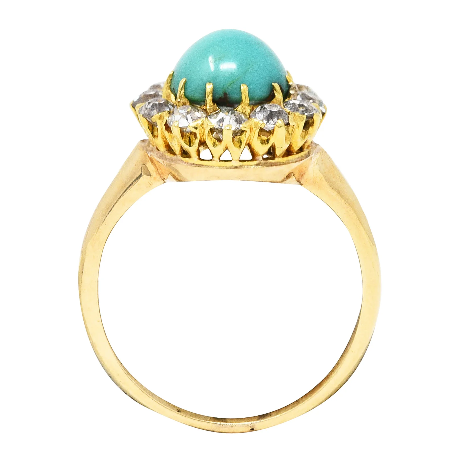 Victorian Old European Cut Diamond Turquoise 14 Karat Yellow Gold Antique Cluster Ring - Image 8