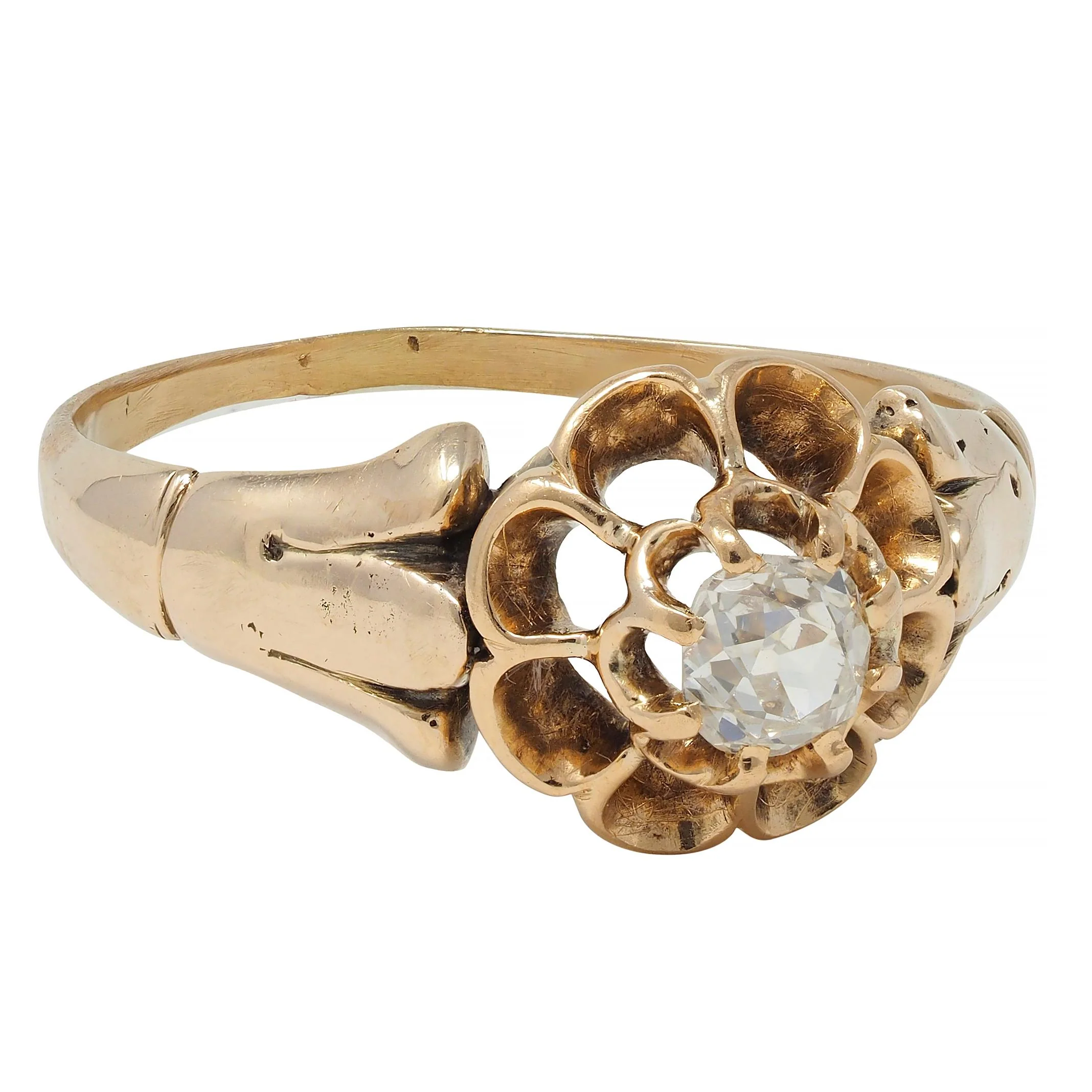 Victorian Old Mine Cut Diamond 14 Karat Gold Belcher Set Antique Engagement Ring - Image 3