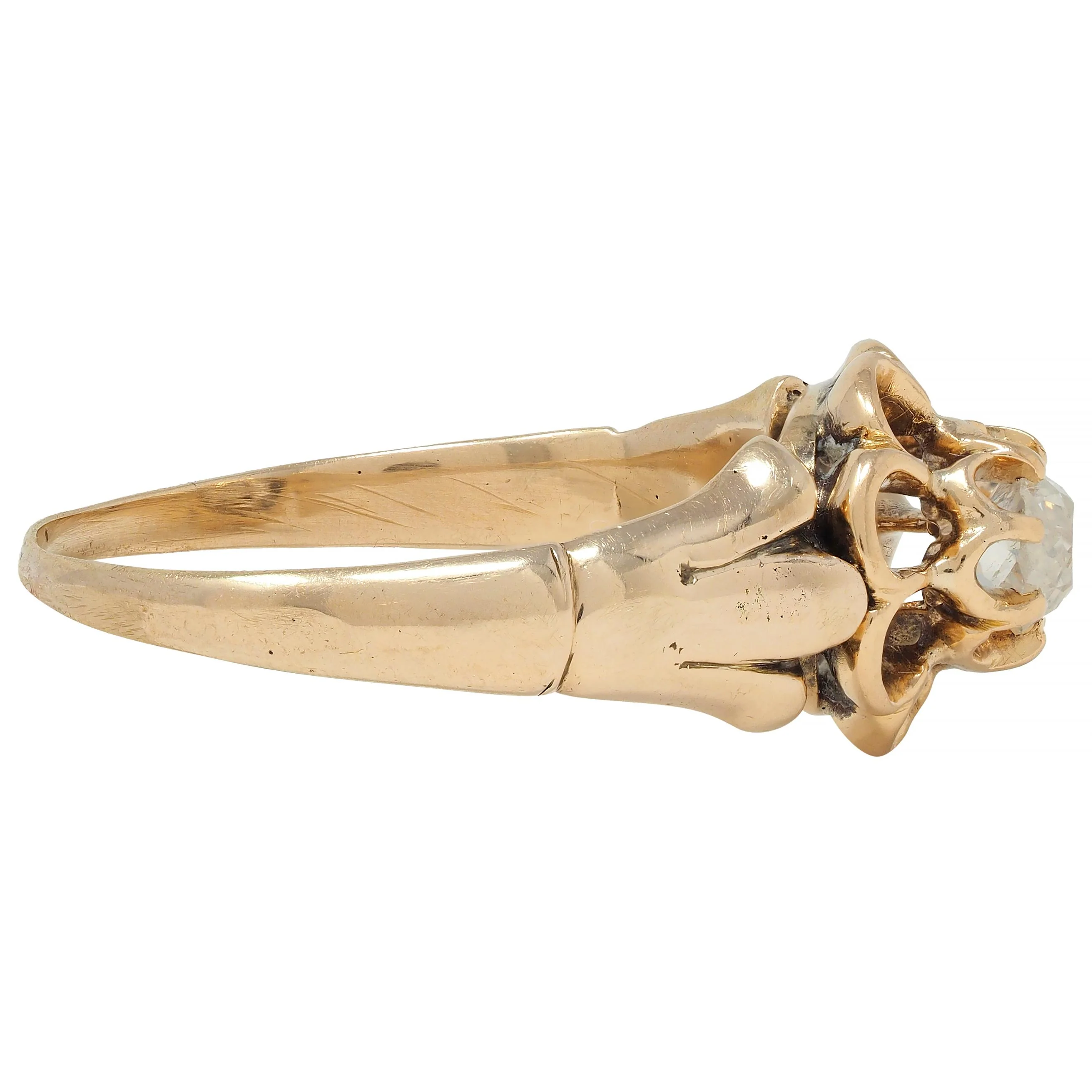 Victorian Old Mine Cut Diamond 14 Karat Gold Belcher Set Antique Engagement Ring - Image 4
