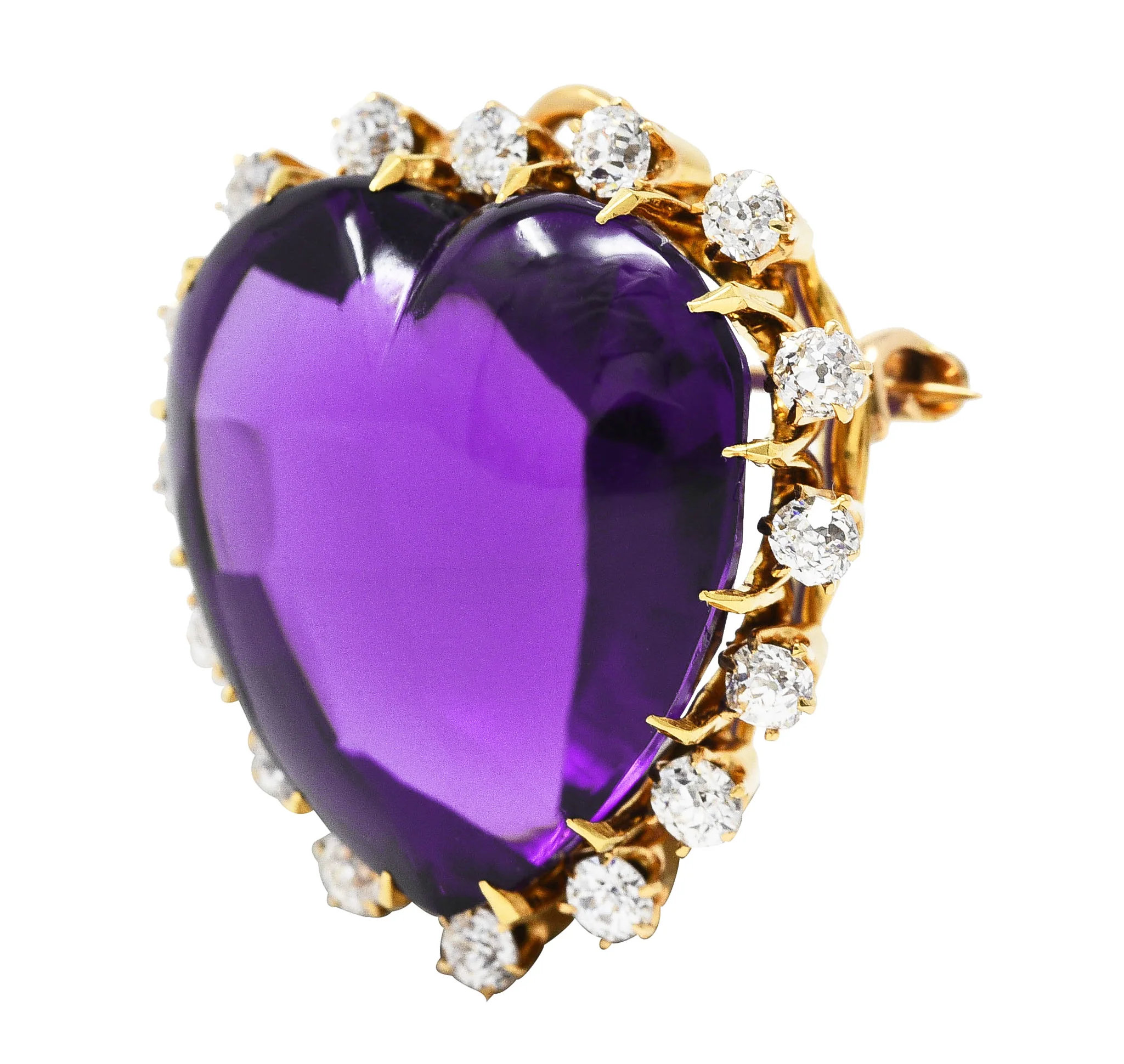 Victorian Old Mine Cut Diamond Amethyst Cabochon 18 Karat Yellow Gold Heart Antique Halo Pendant Brooch - Image 2