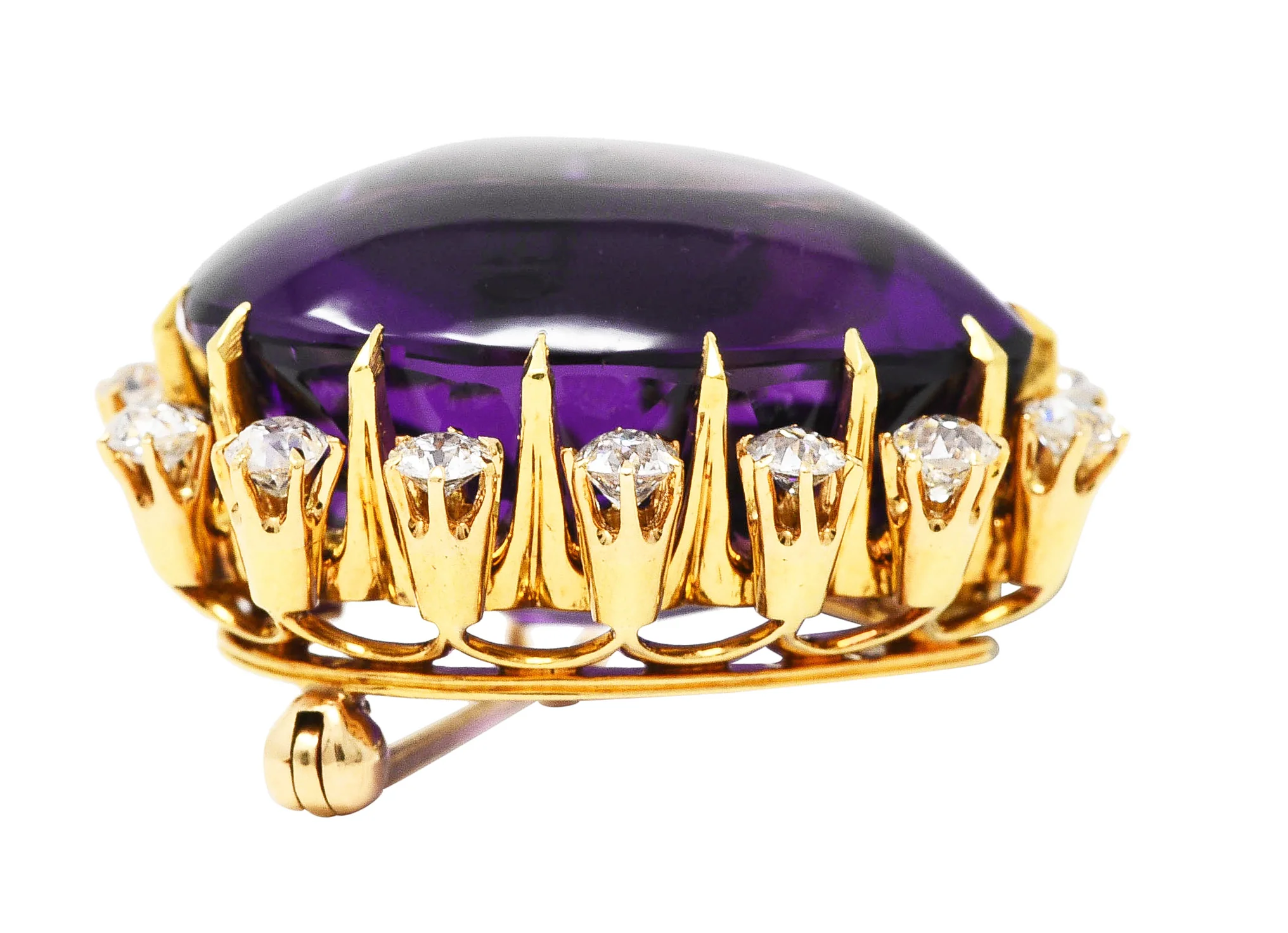 Victorian Old Mine Cut Diamond Amethyst Cabochon 18 Karat Yellow Gold Heart Antique Halo Pendant Brooch - Image 7