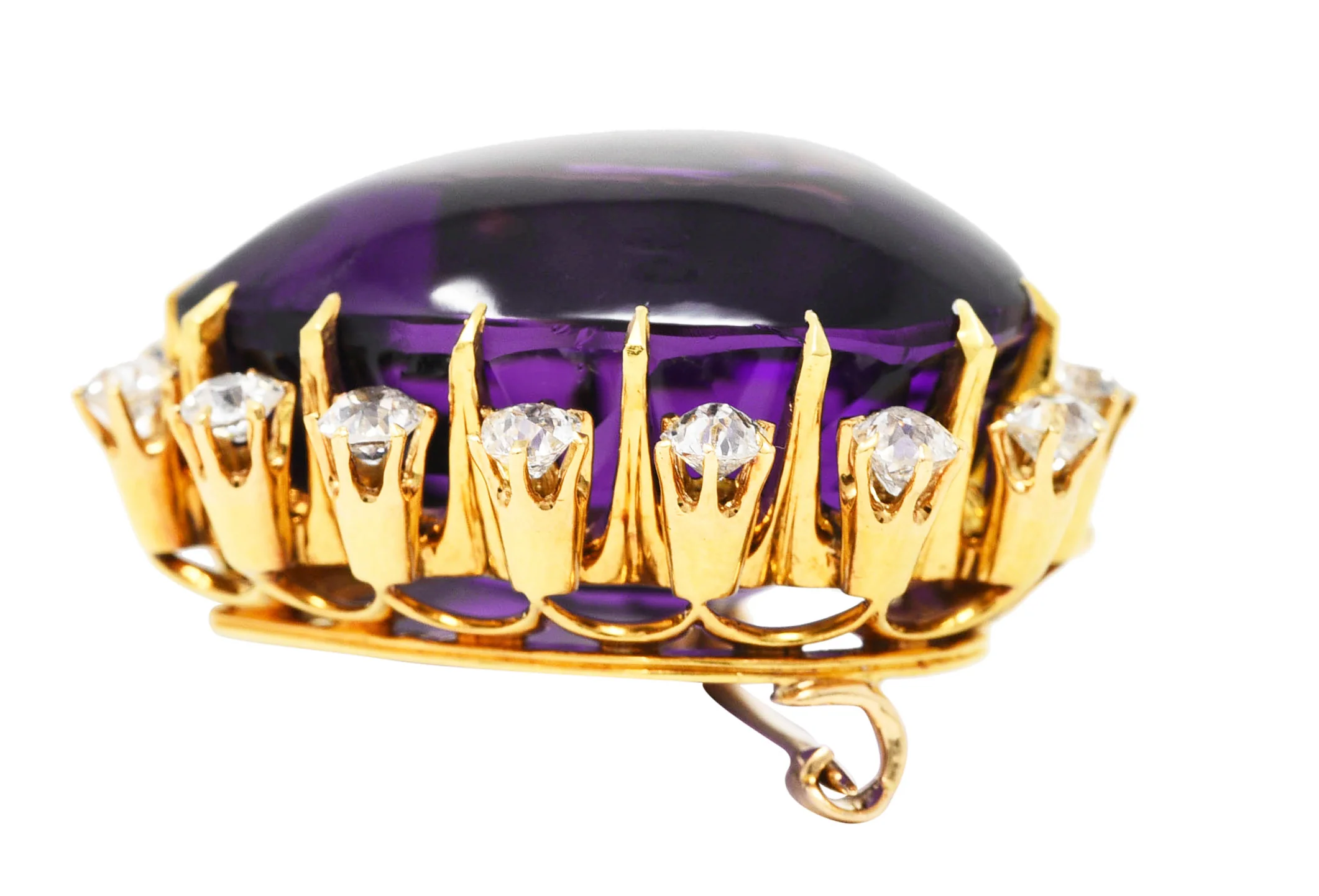Victorian Old Mine Cut Diamond Amethyst Cabochon 18 Karat Yellow Gold Heart Antique Halo Pendant Brooch - Image 8