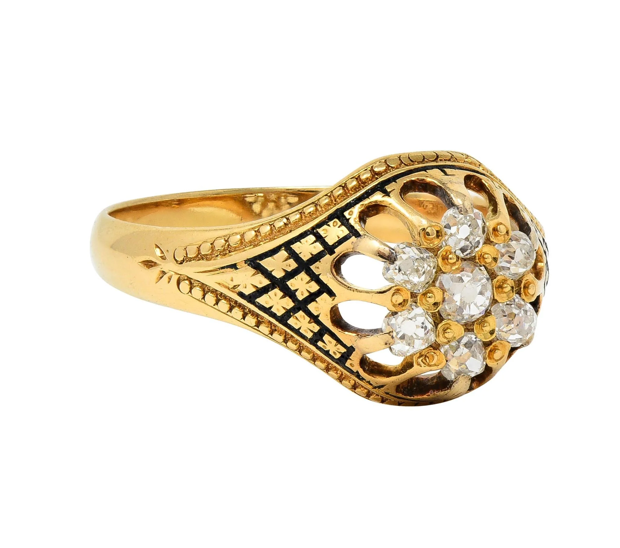 Victorian Old Mine Cut Diamond Enamel 18 Karat Yellow Gold Antique Belcher Cluster Ring - Image 2