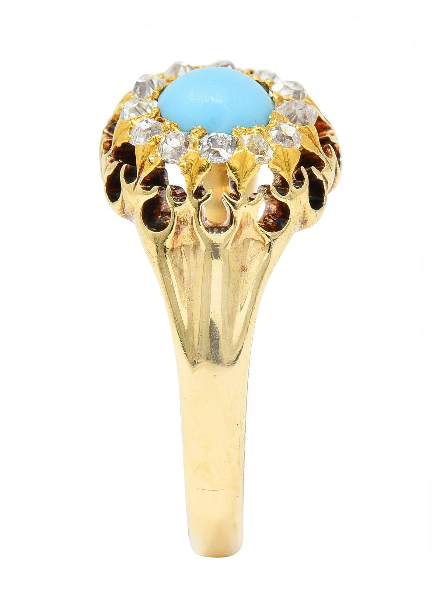Victorian Old Mine Cut Diamond Turquoise 14 Karat Gold Oak Antique Halo Ring - Image 10