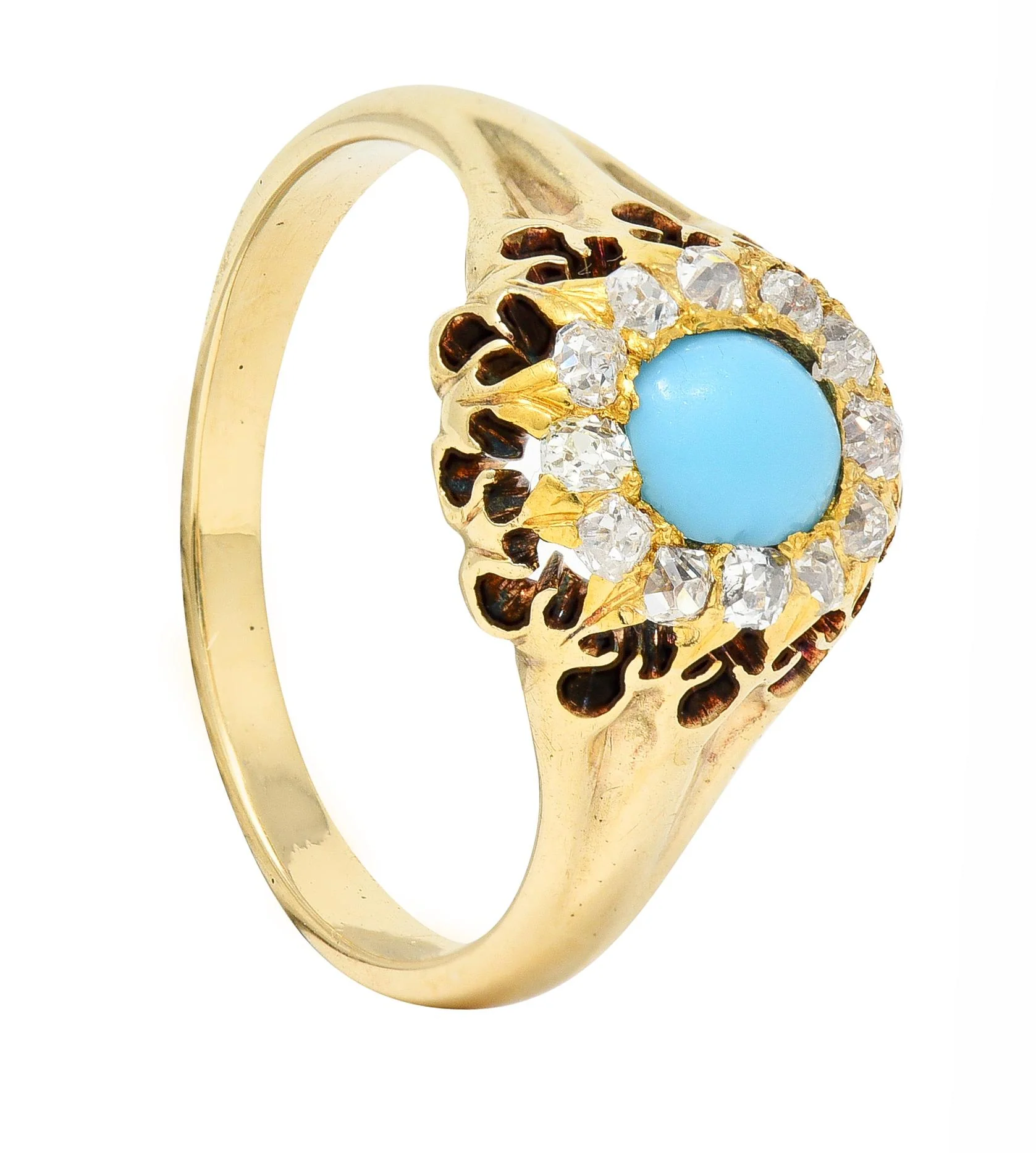 Victorian Old Mine Cut Diamond Turquoise 14 Karat Gold Oak Antique Halo Ring - Image 11