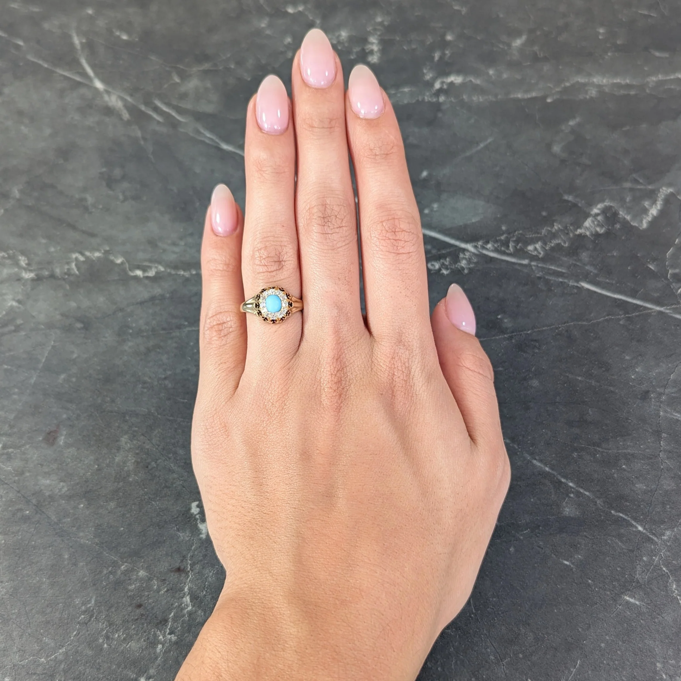 Victorian Old Mine Cut Diamond Turquoise 14 Karat Gold Oak Antique Halo Ring - Image 12