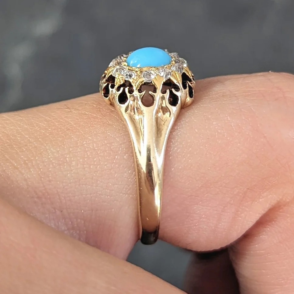 Victorian Old Mine Cut Diamond Turquoise 14 Karat Gold Oak Antique Halo Ring - Image 13