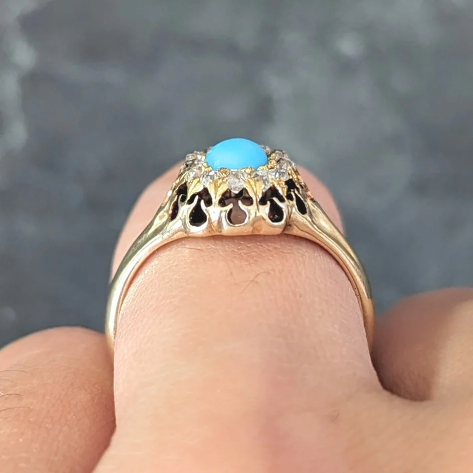 Victorian Old Mine Cut Diamond Turquoise 14 Karat Gold Oak Antique Halo Ring - Image 14