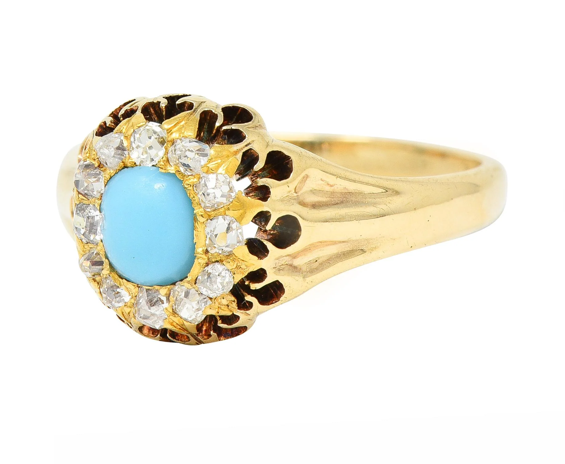 Victorian Old Mine Cut Diamond Turquoise 14 Karat Gold Oak Antique Halo Ring - Image 6