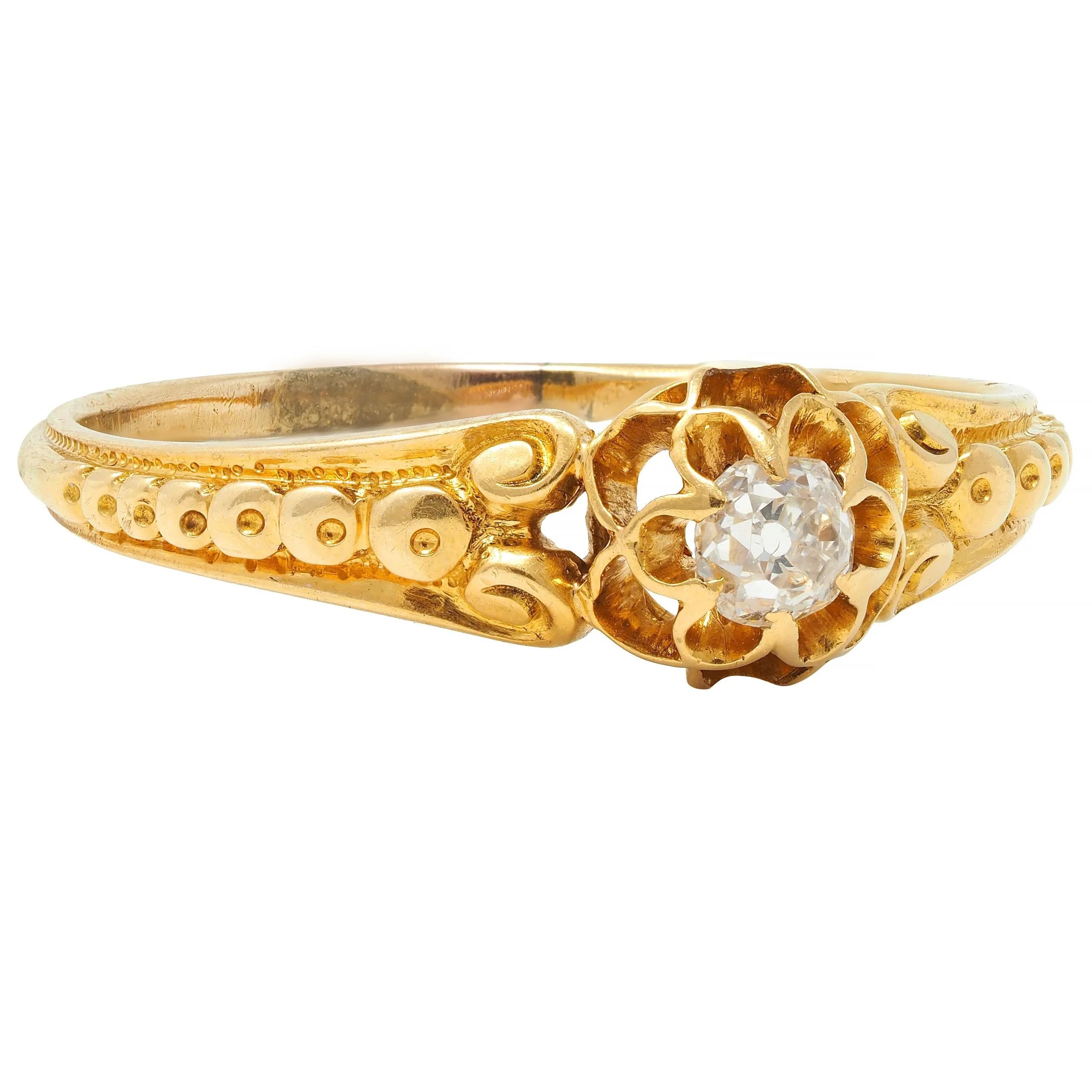 Victorian Old Mine Diamond 18 Karat Yellow Gold Belcher Antique Engagement Ring - Image 2