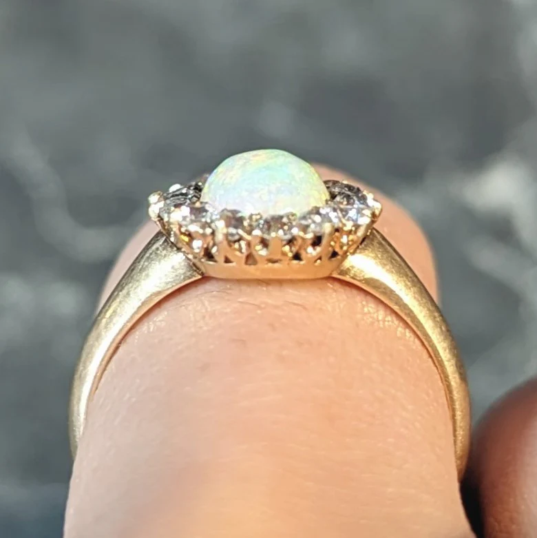 Victorian Old Mine Diamond Opal Cabochon 14 Karat Gold Antique Cluster Ring - Image 11