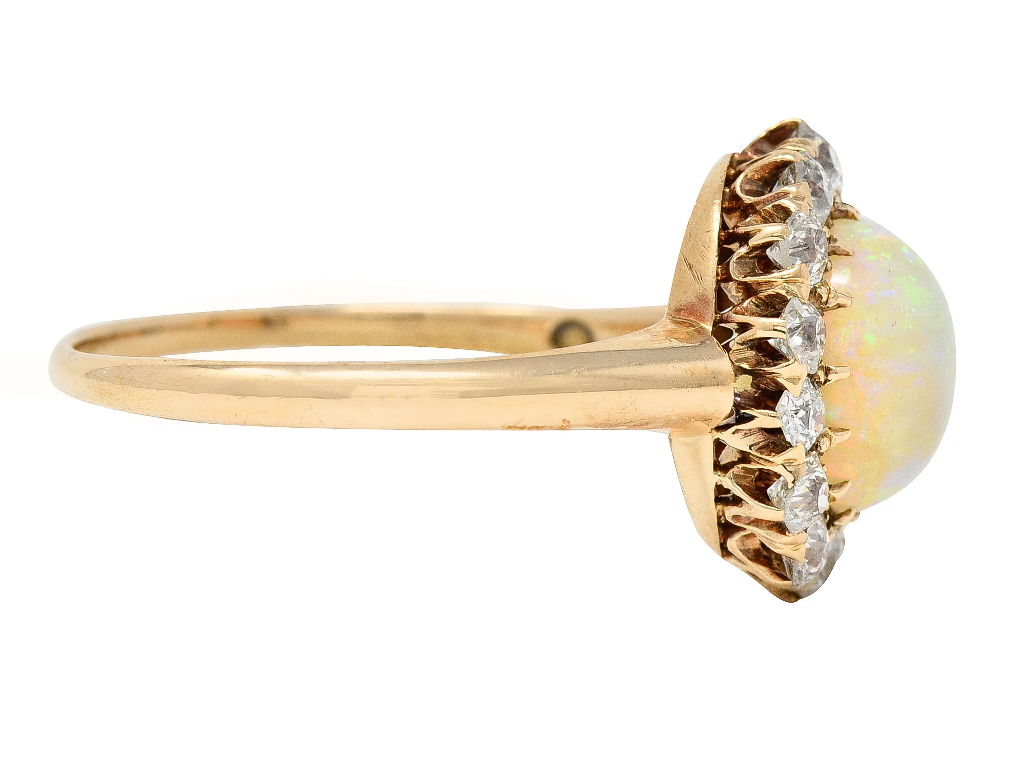 Victorian Old Mine Diamond Opal Cabochon 14 Karat Rose Gold Antique Cluster Ring - Image 3