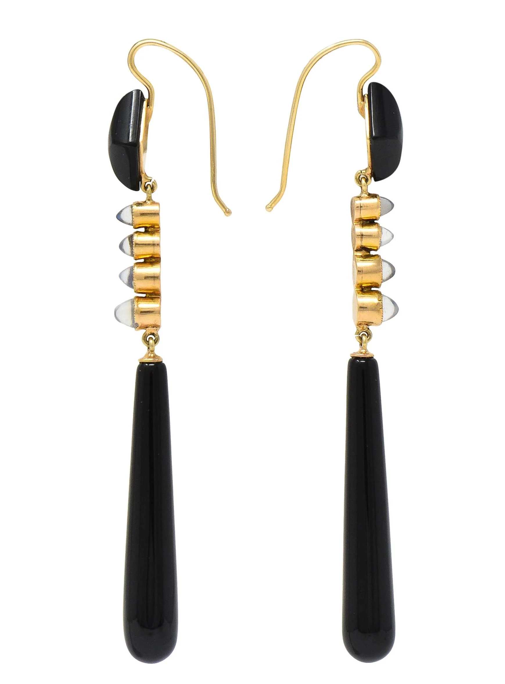 Victorian Onyx Moonstone 18 Karat Yellow Gold Antique Drop Earrings - Image 3