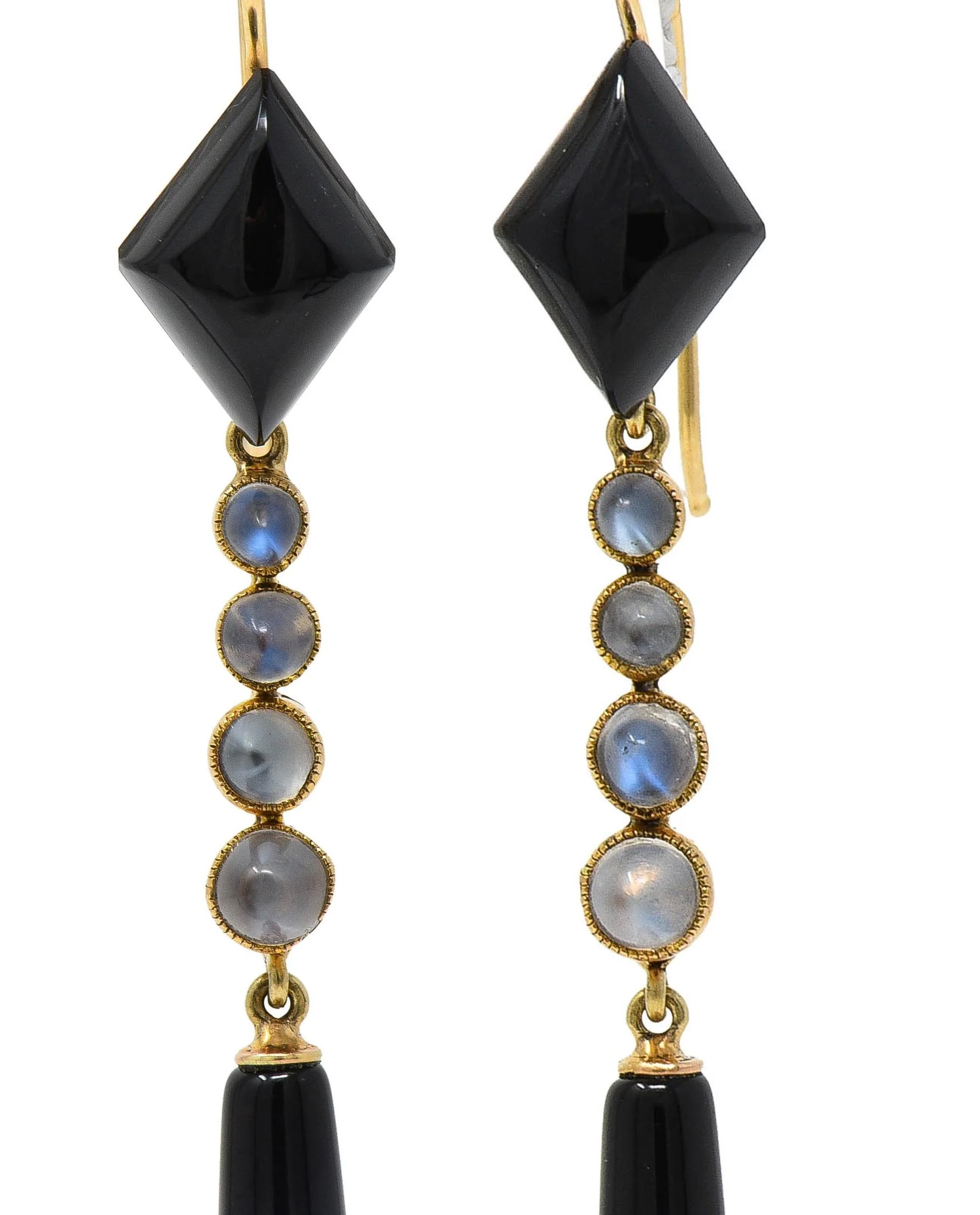 Victorian Onyx Moonstone 18 Karat Yellow Gold Antique Drop Earrings - Image 5