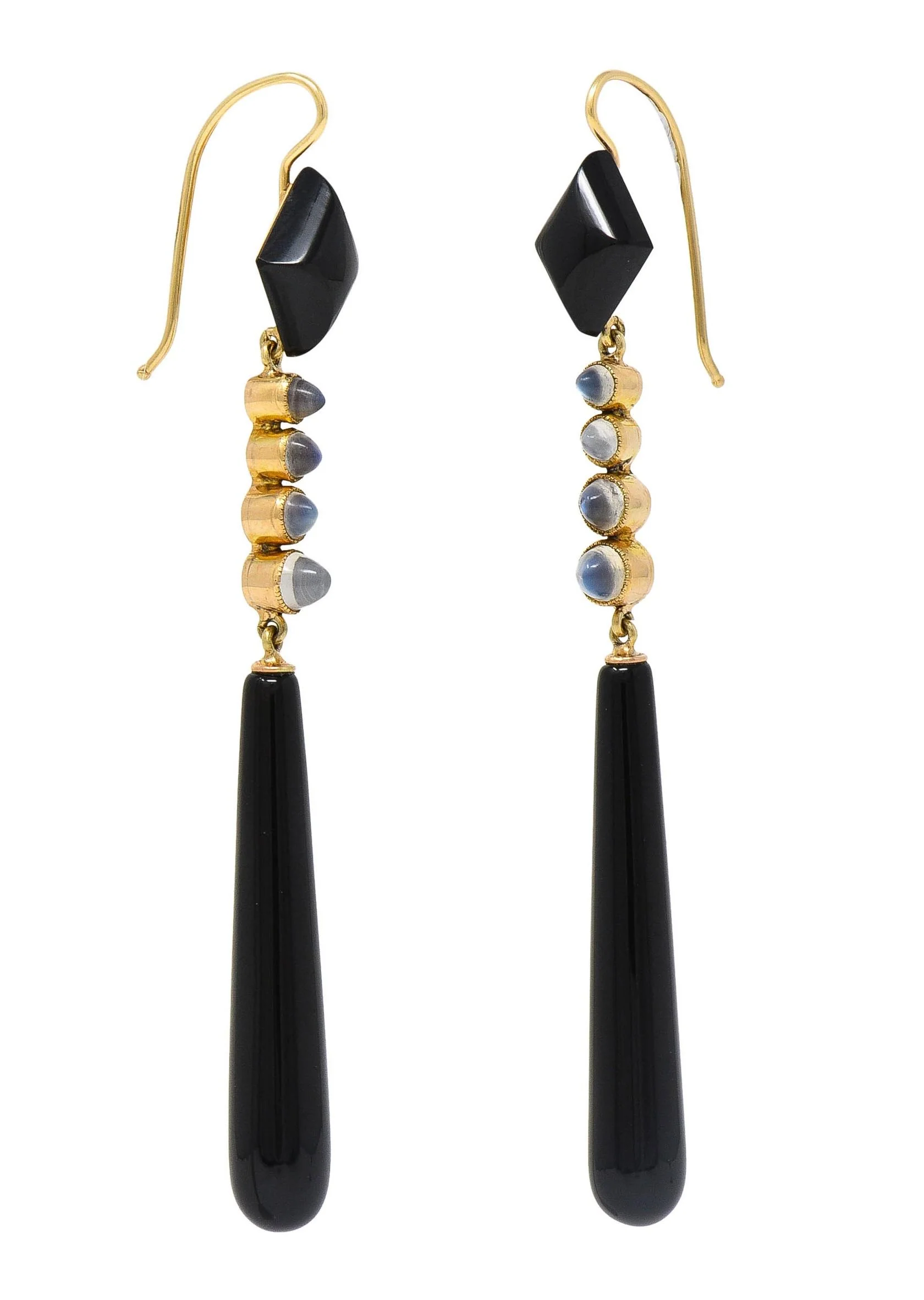 Victorian Onyx Moonstone 18 Karat Yellow Gold Antique Drop Earrings - Image 7