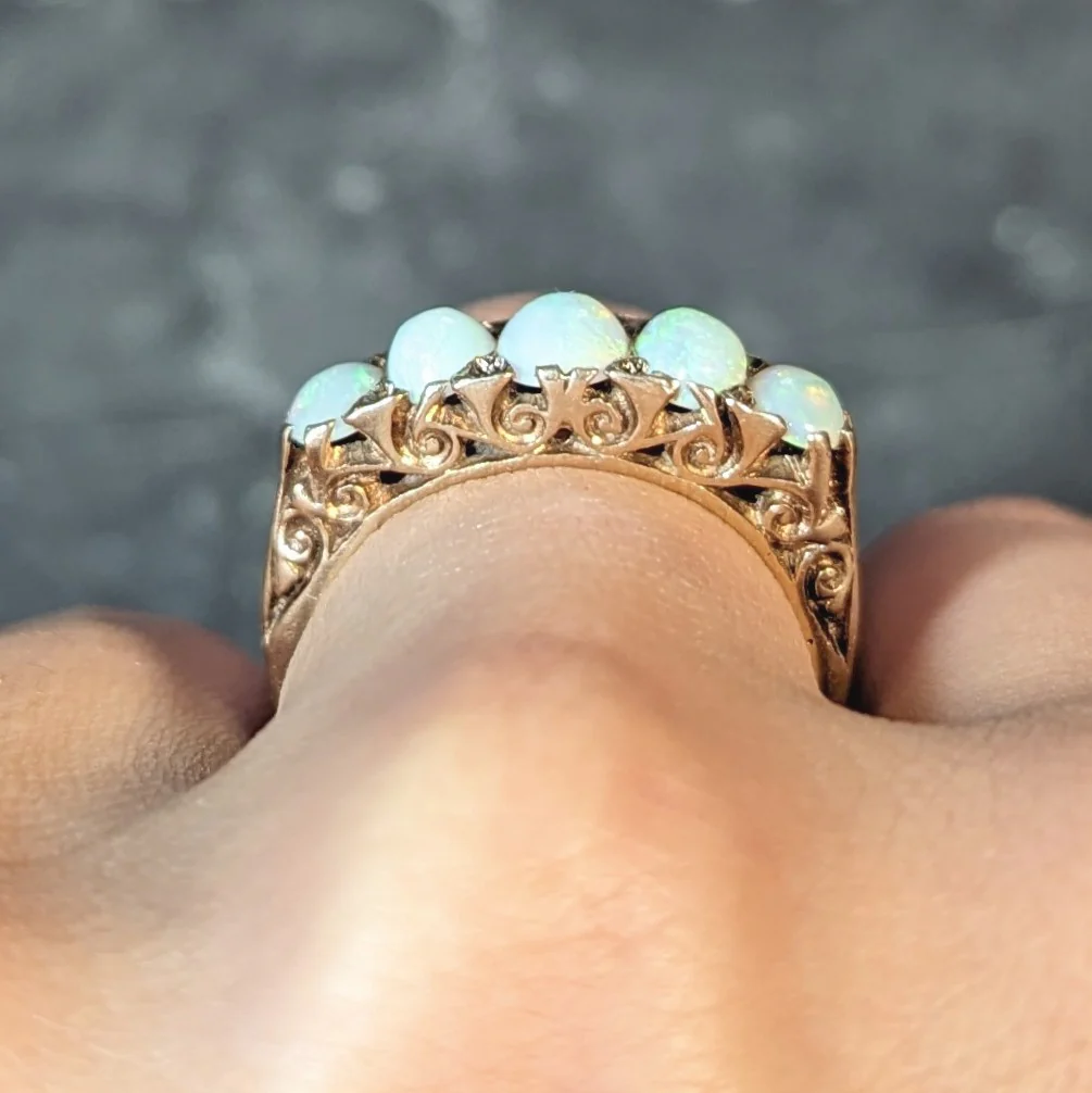 Victorian Opal 9 Karat Yellow Gold Antique Five Stone Band Ring - Image 14