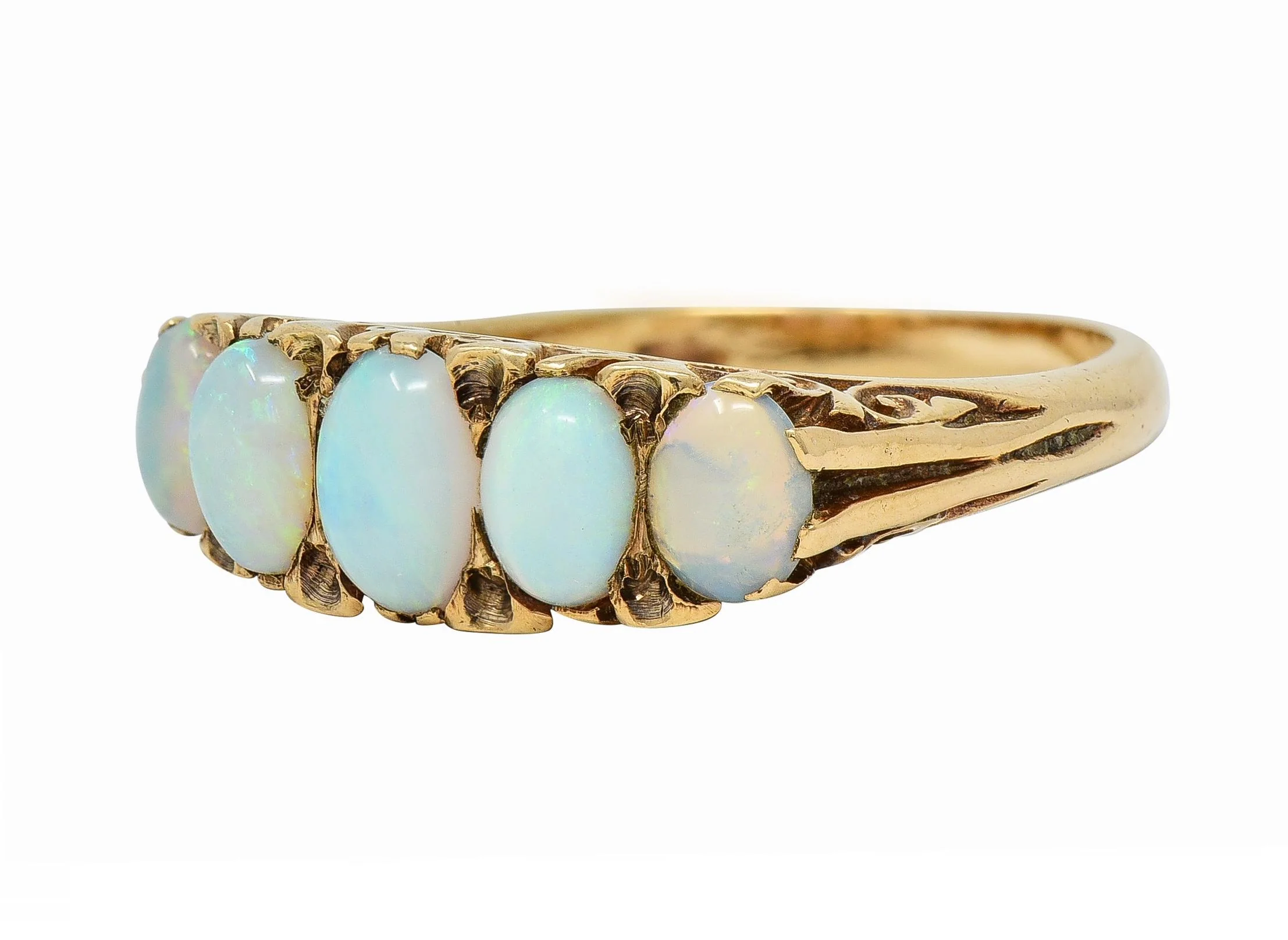 Victorian Opal 9 Karat Yellow Gold Antique Five Stone Band Ring - Image 7