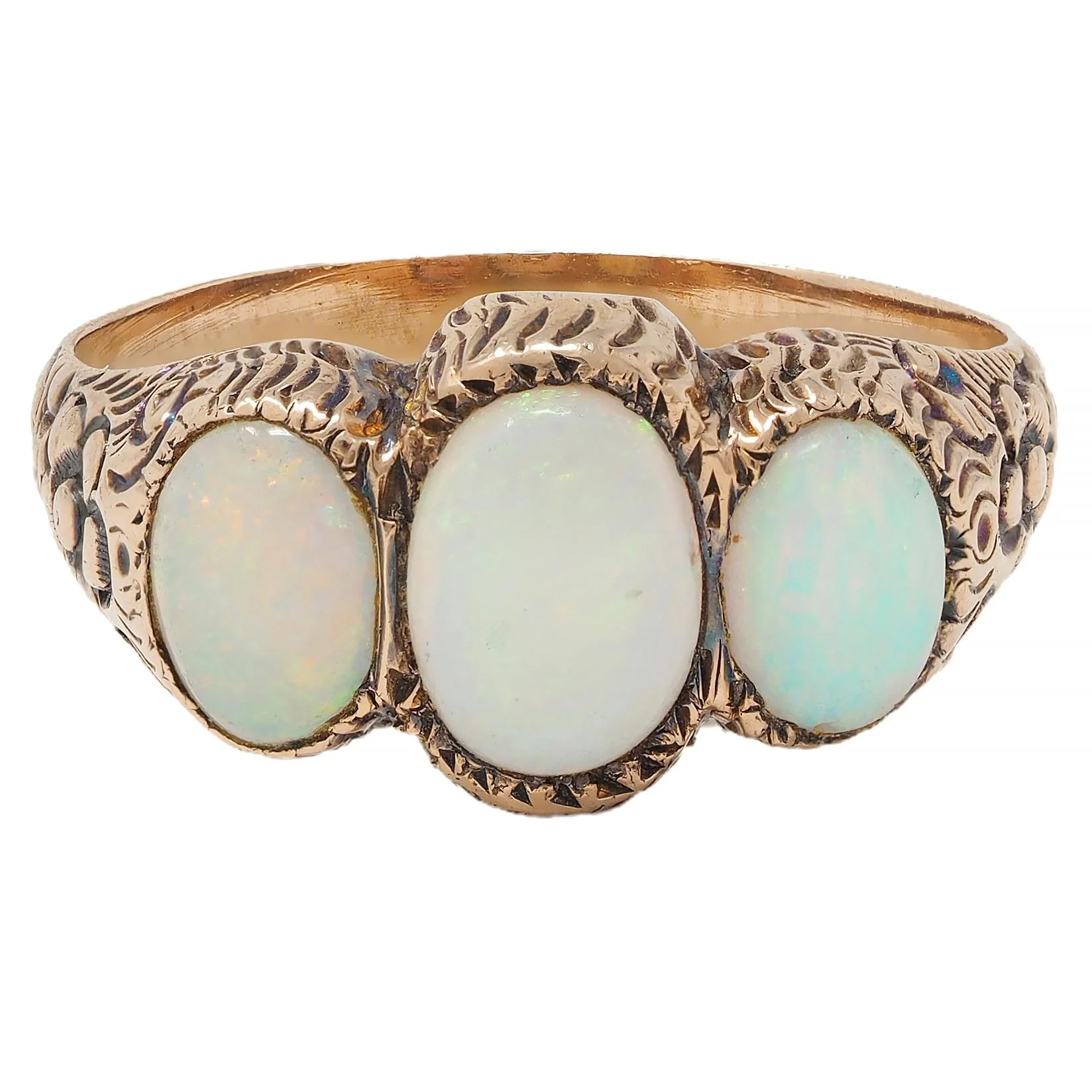 Victorian Opal Cabochon 14 Karat Rose Gold Antique Three Stone Floral Band Ring - Image 13