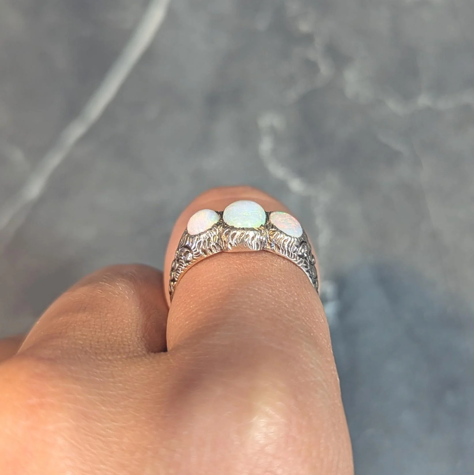 Victorian Opal Cabochon 14 Karat Rose Gold Antique Three Stone Floral Band Ring - Image 15