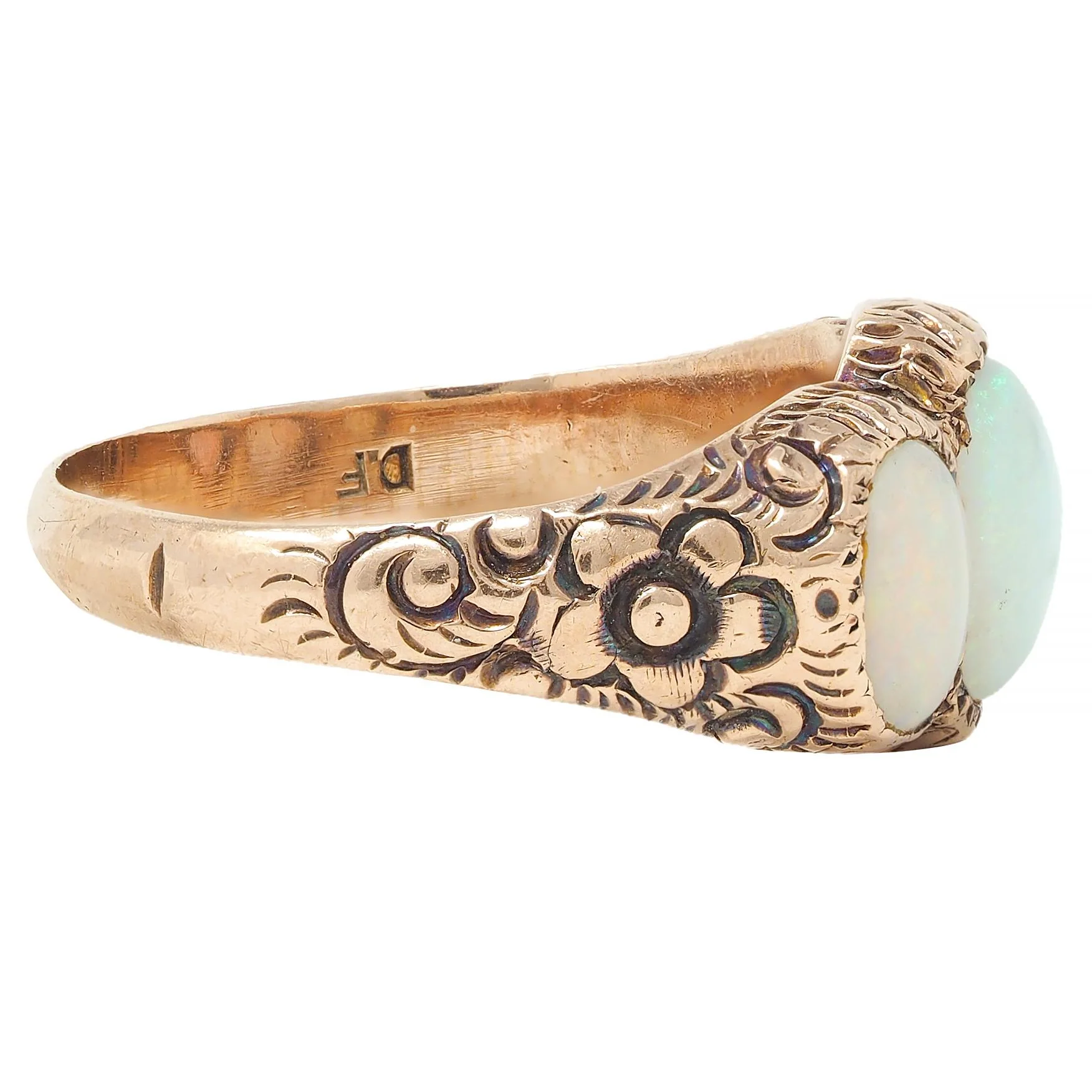Victorian Opal Cabochon 14 Karat Rose Gold Antique Three Stone Floral Band Ring - Image 3